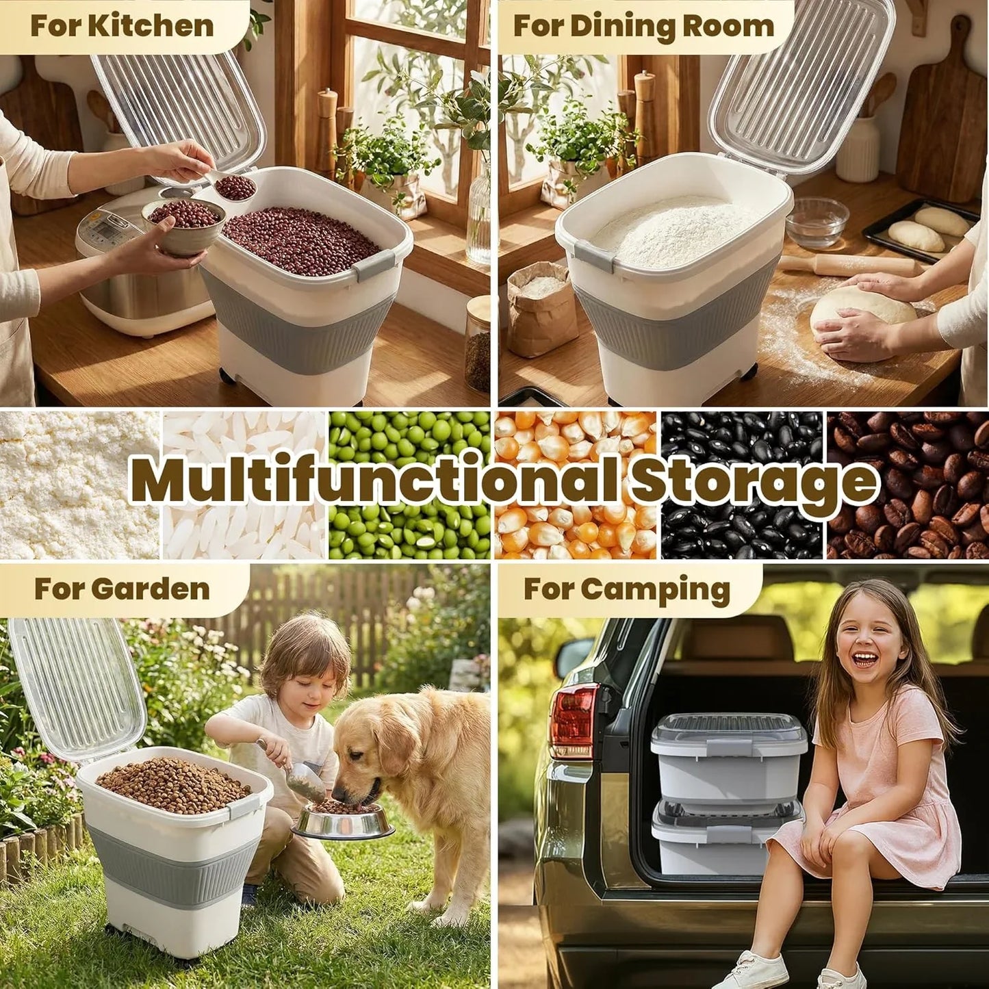 25-50Lbs Rice Container,Collapsible Food Storage Containers with Airtight Clear Lid,Wheels,Rice Storage Container with Small Bin and Scoop,Rice Dispenser for Flour Sugar Cereal Grain Dog Cat