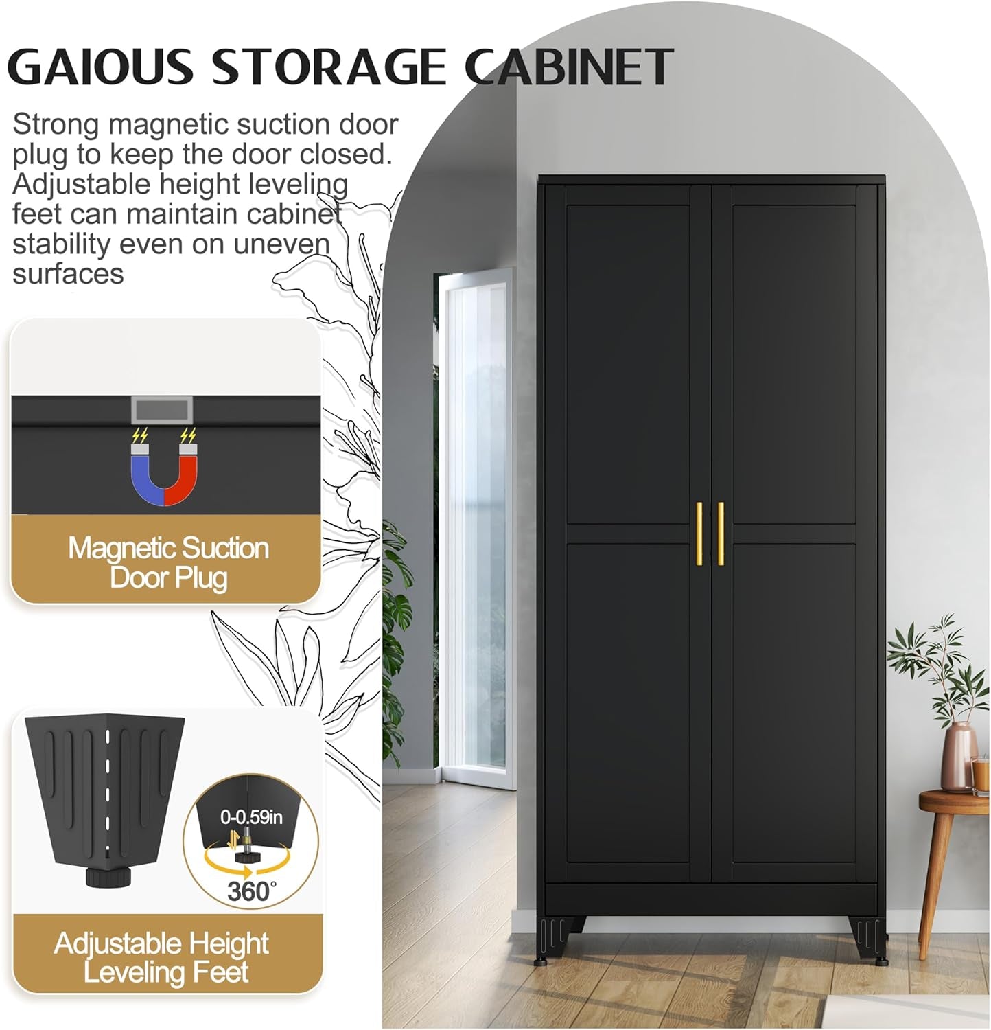71" Tall Metal Storage Cabinet with 2 Doors and 4 Adjustable Shelves, Kitchen Pantry Cabinet Black Freestanding Cupboard, 5 Tier Multifunctional Steel Storage for Office, Kitchen, Dining Room