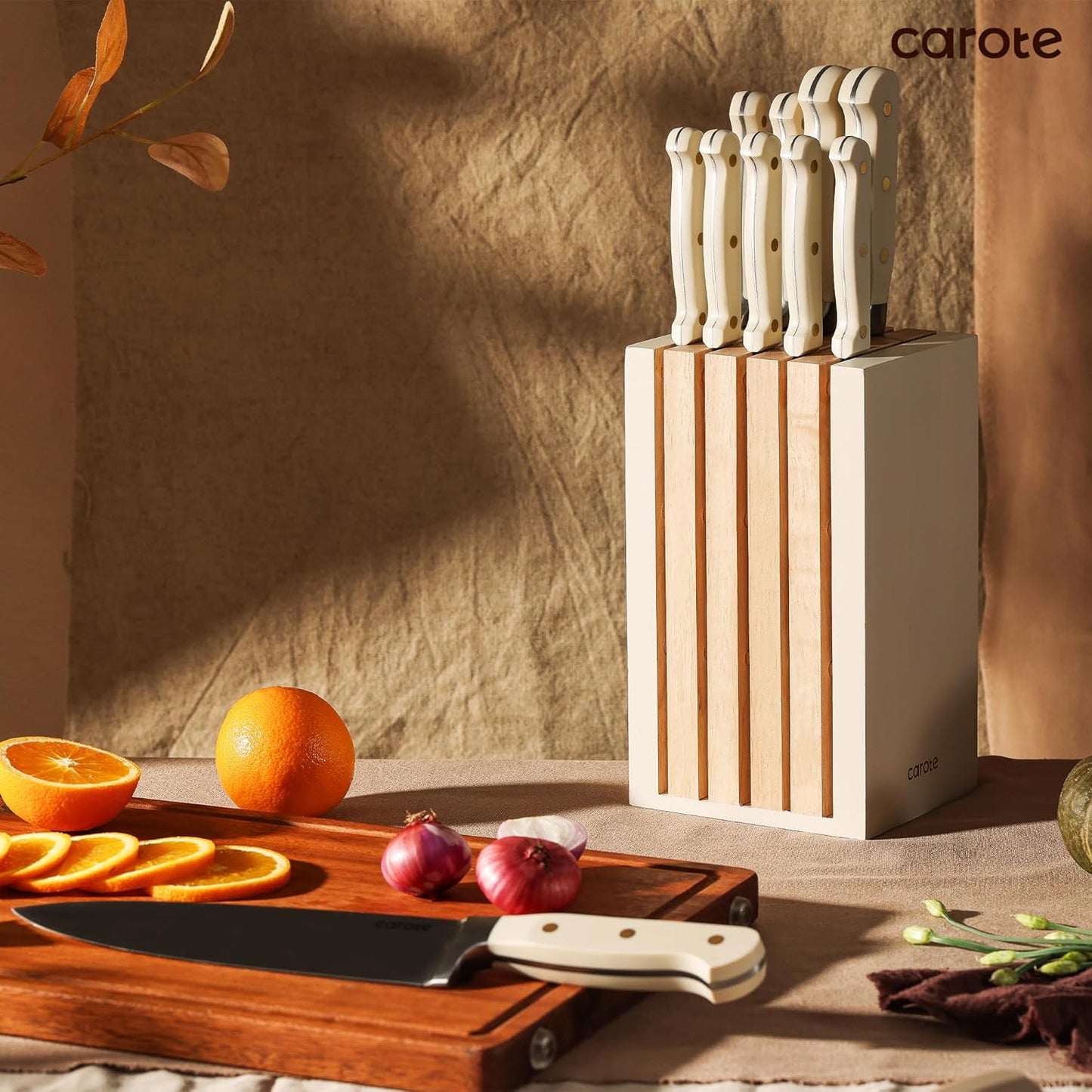 11 Pieces Knife Set with Block for Kitchen, Stainless Steel Razor-Sharp Blade, Triple Riveted Ergonomic Handle, Wooden Magnetic Block, Essential Knife Block Set, Beige