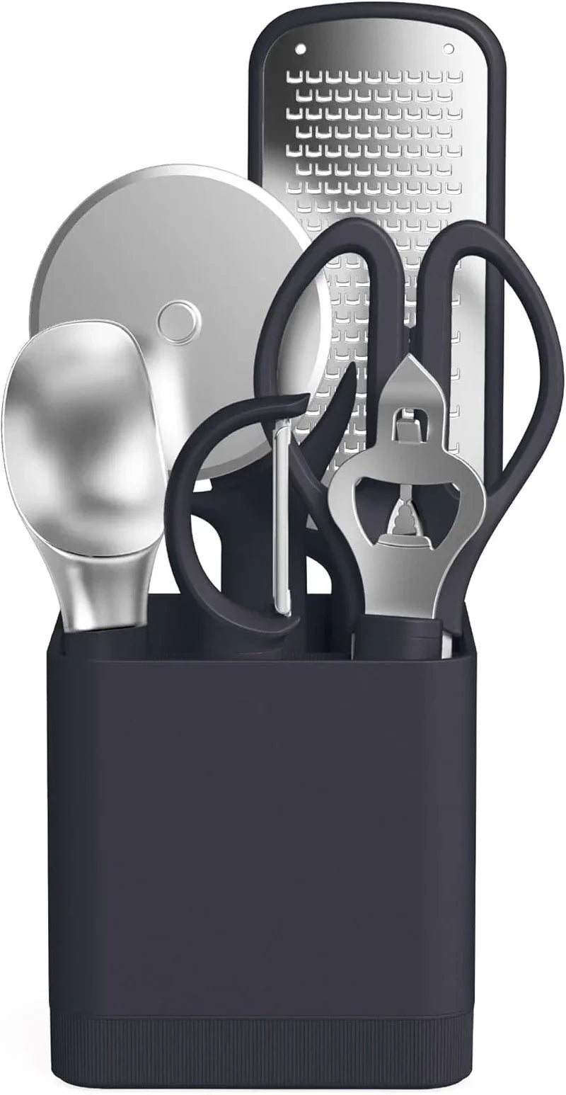 7-Piece Modular Gadget Set, Grater, Pizza Cutter, Ice Cream Scoop, Peeler, Shears, Bottle Opener, Crock with Removable Divider, Dishwasher Safe, Slate