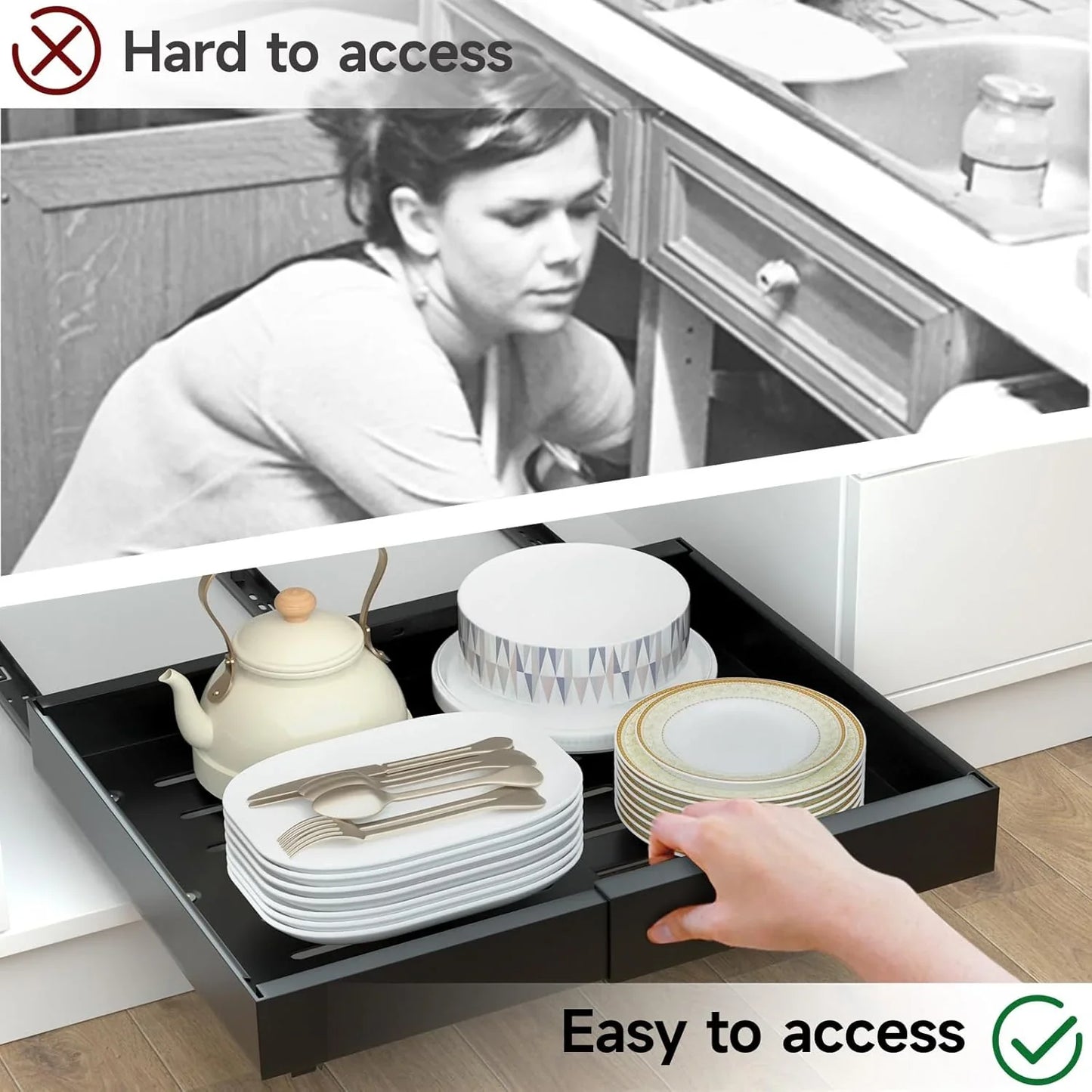 2 Pack Pull Out Cabinet Organizer, No Screw Adjustable Cabinet Drawers, Expandable(12.6"-20.47") Slide Out Drawers for Kitchen Cabinets, Cabinet Roll Out Shelves in Pantry or Bathroom, 16.54" Deep