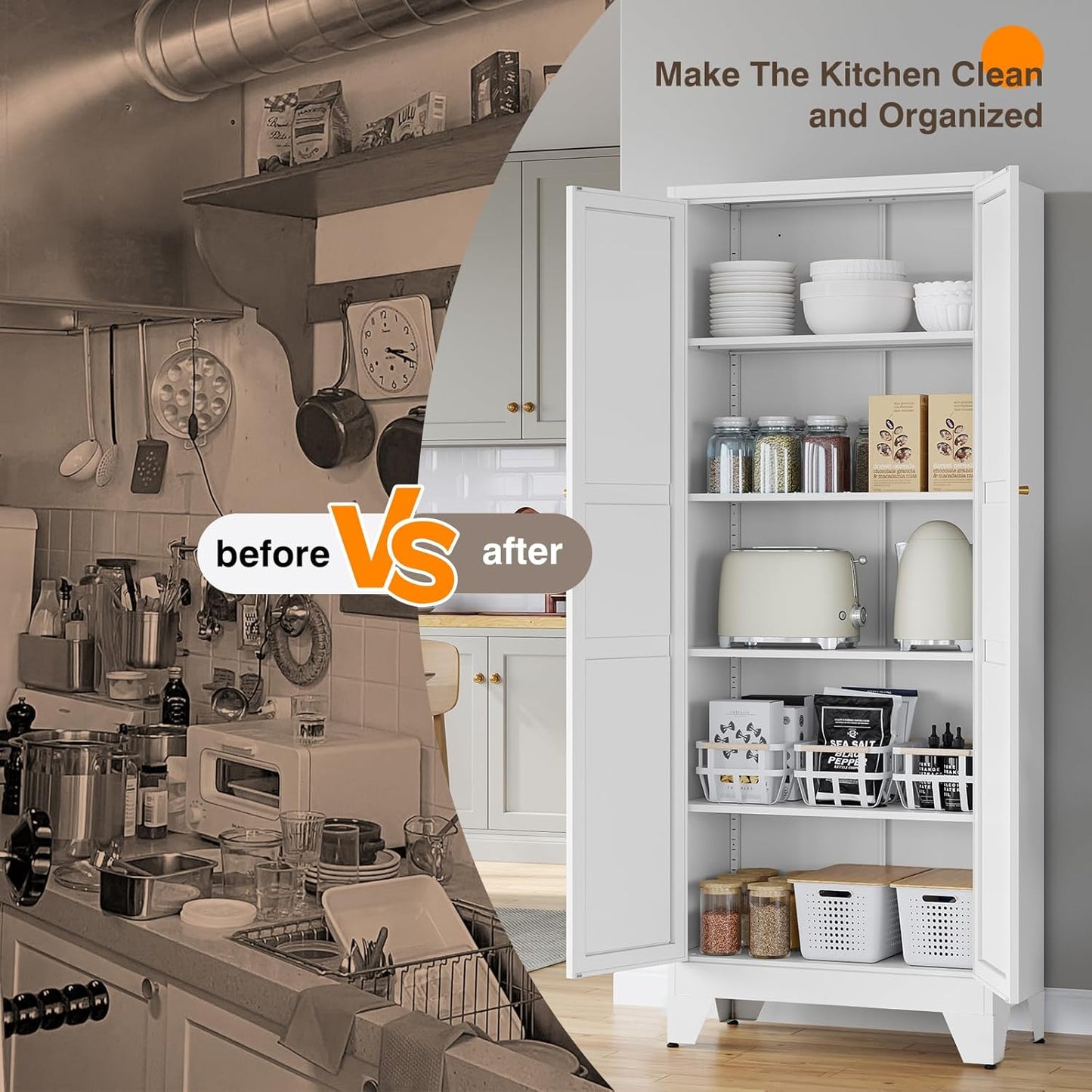 Metal Pantry Cabinet, 75" Kitchen Pantry with 2 Door and 4 Adjustable Shelves,White Metal Pantry Storage Cabinet,Cupboard for Kitchen,Dining Room,Living Room and Bathroom