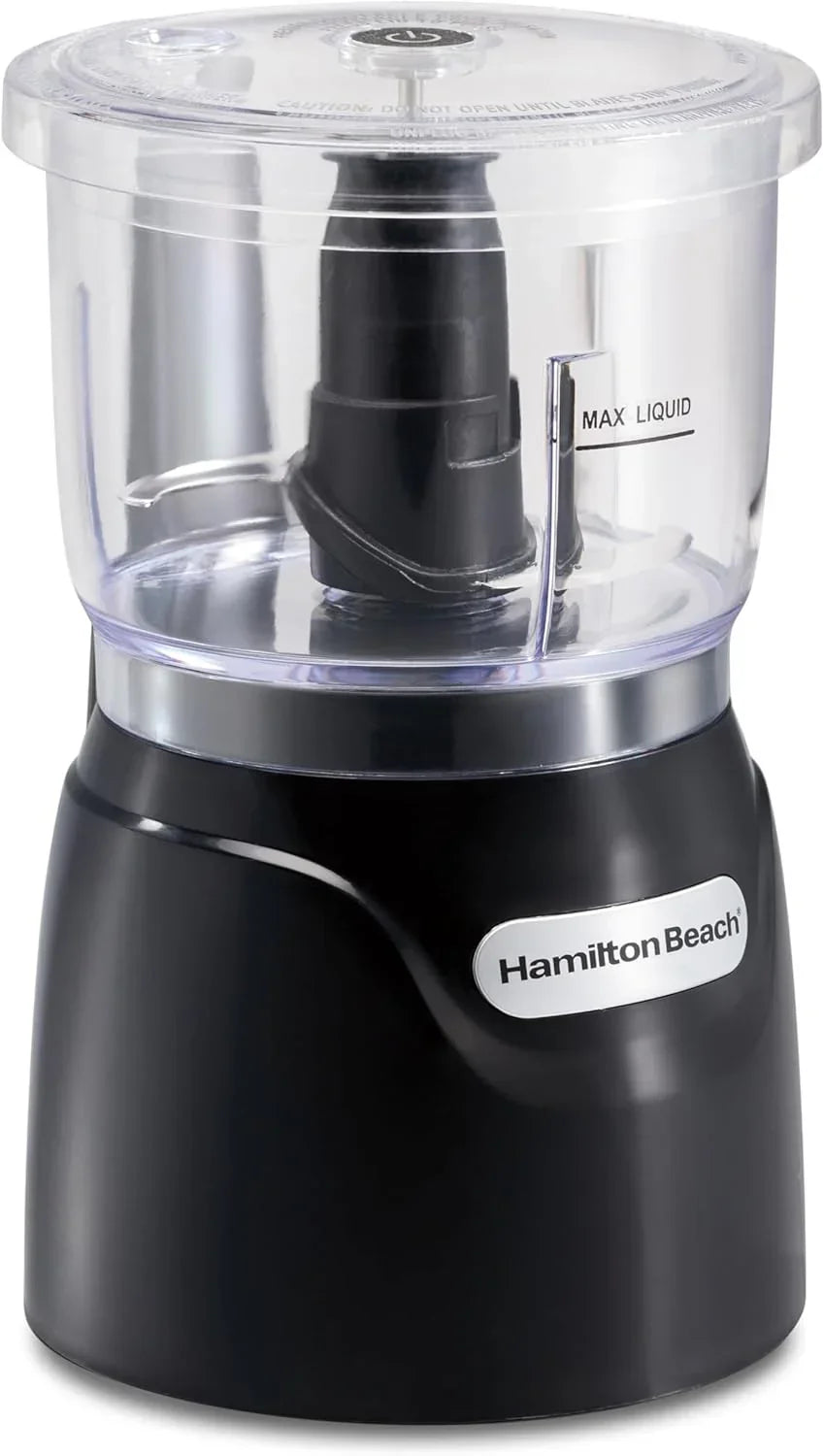 Hamilton Beach mini food chopper with clear bowl and black base for kitchen prep tasks