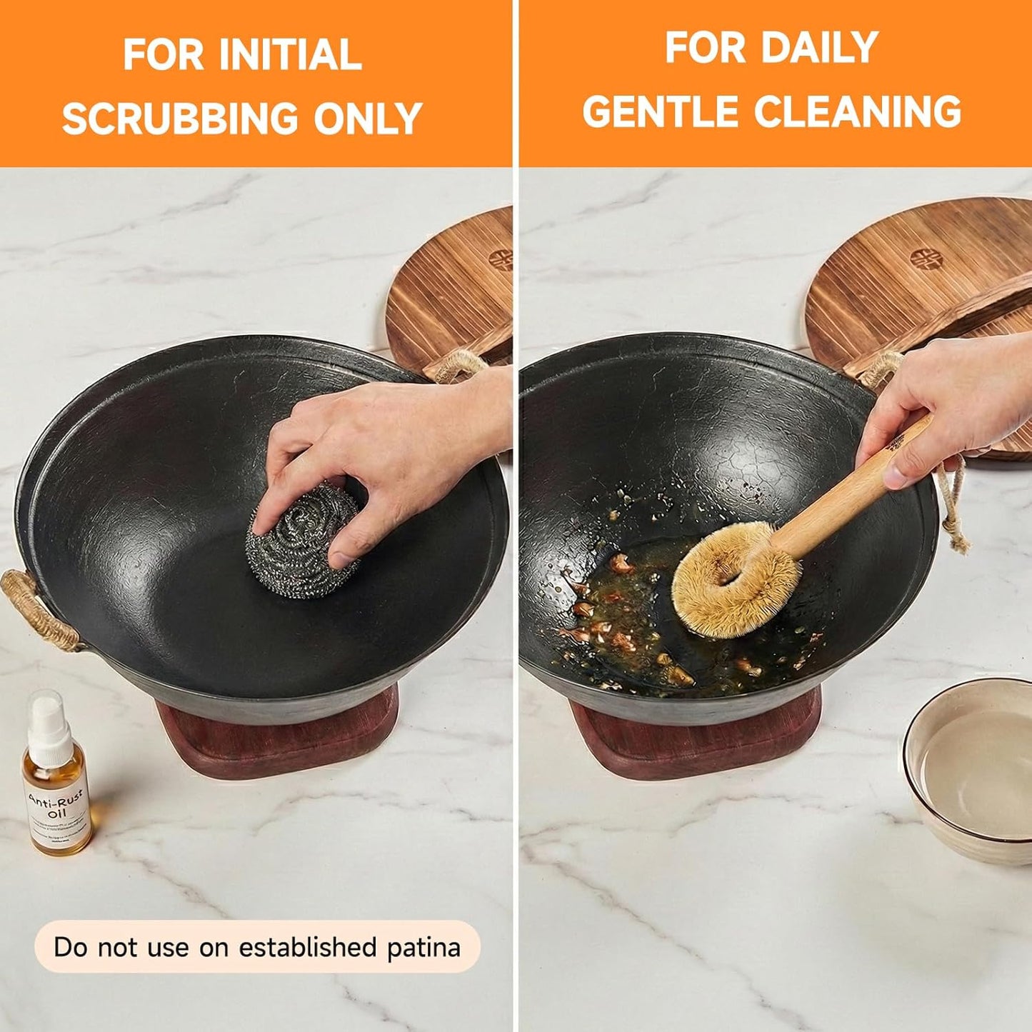 11.8" round Bottom Cast Iron Wok - Small Traditional Pow Wok for Camping & Open Fire - Gas Stove Compatible (Wok Ring Required) - Uncoated Stir Fry Pan with Cleaning Brush