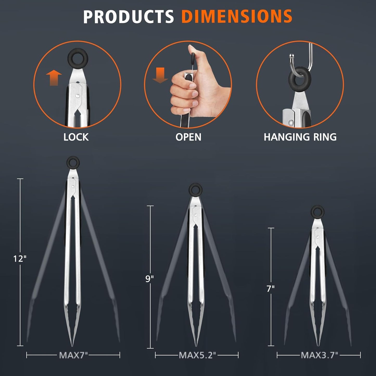 Stainless Steel Kitchen Tongs, Set of 3-7", 9" and 12", Locking Metal Food Tongs for Cooking, Serving, BBQ, Grill Non-Slip Grip