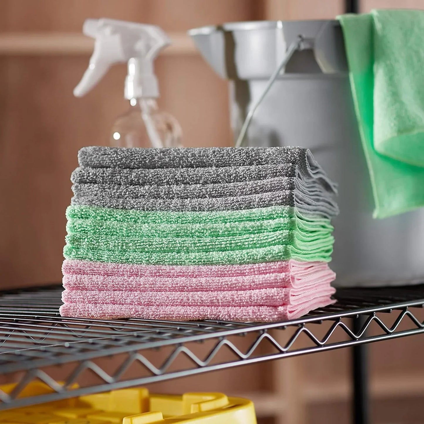 Microfiber Cleaning Cloths, Ultra-Soft and Highly Absorbent, Streak-Free, Lint-Free, Scratch-Free, Washable, for Car Detailing and Glass Cleaning, 16" X 12", Green/Gray/Pink, 24-Pack