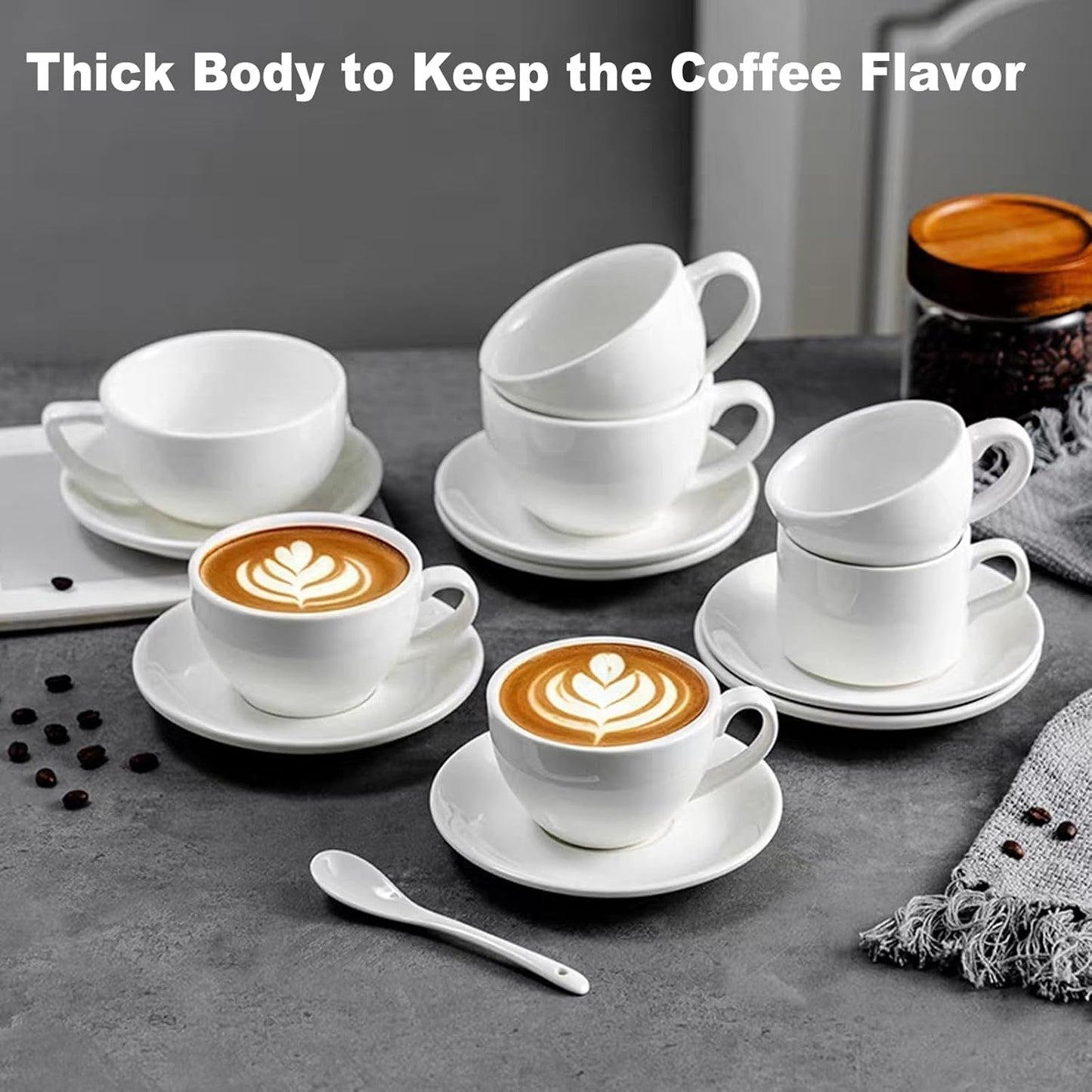 11 Oz White Cappuccino Mug- Large Ceramic Coffee Cup with Saucer - Microwave and Dishwasher Safe, Perfect for Tea, Espresso, Latte - Porcelain Set for Kitchen or Cafe, Baristas, Great Gift