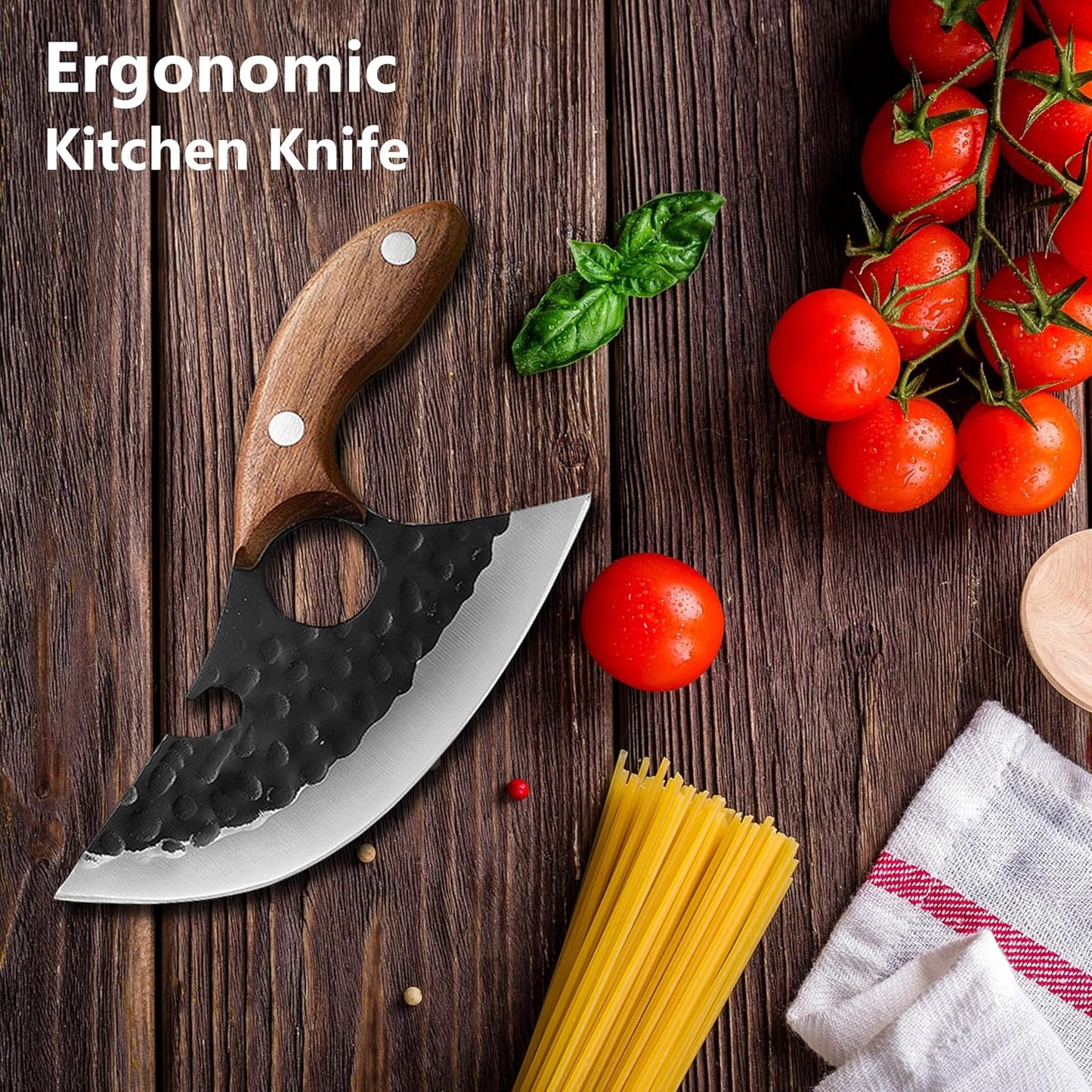 Chef Kitchen Knife,Hand Forged High Carbon Steel Cooking Cutting Knife, Non Stick Blade with Wooden Handle & Sheath,Japanese Style for Home Camping BBQ (Ideal Gift for Men Women)
