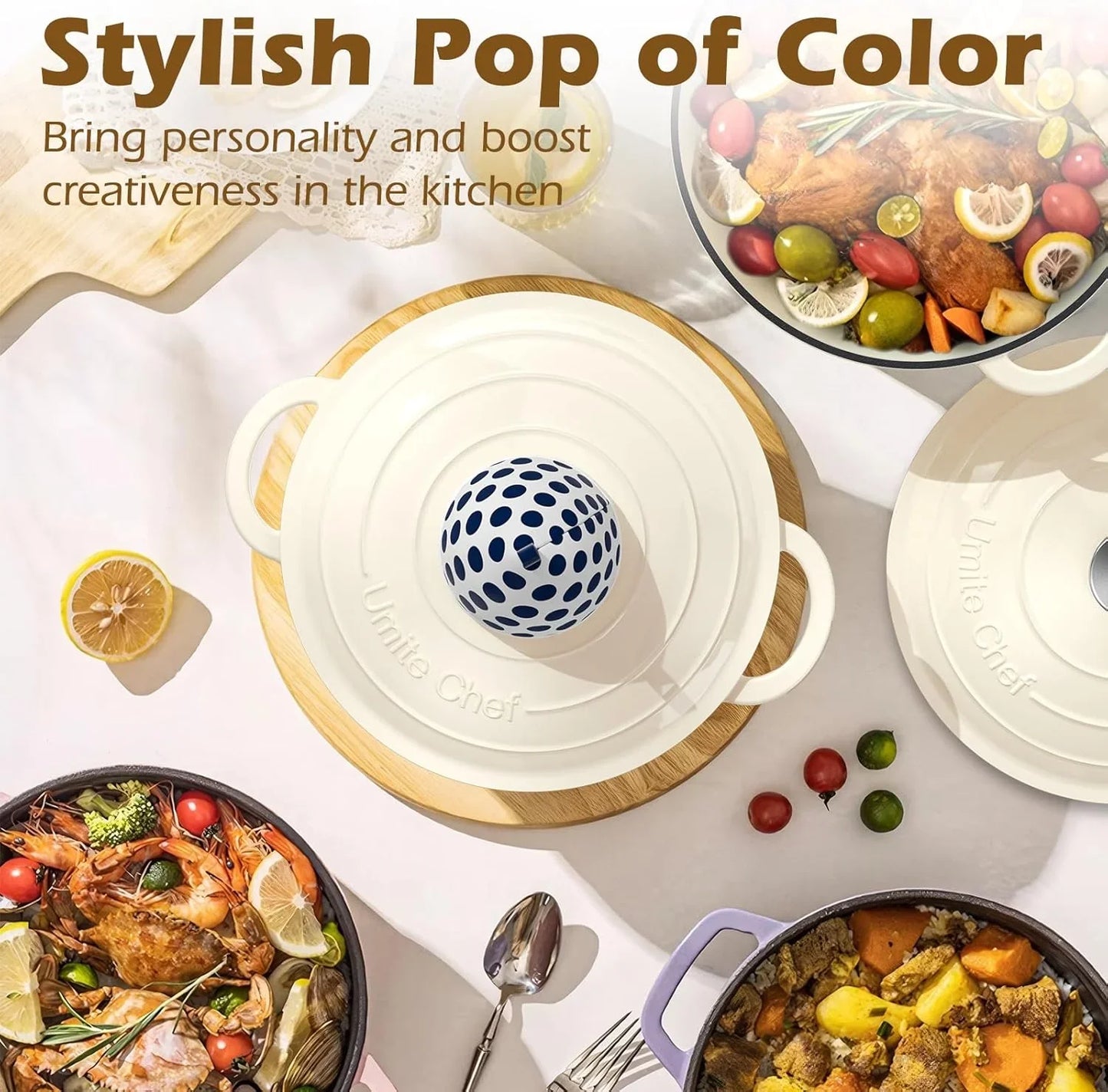 Enameled Cast Iron Dutch Oven - 5QT Pot with Lid & Cotton Potholders - Heavy-Duty Cookware for Bread Baking, Braising, Stews, Roasting(Cream White)