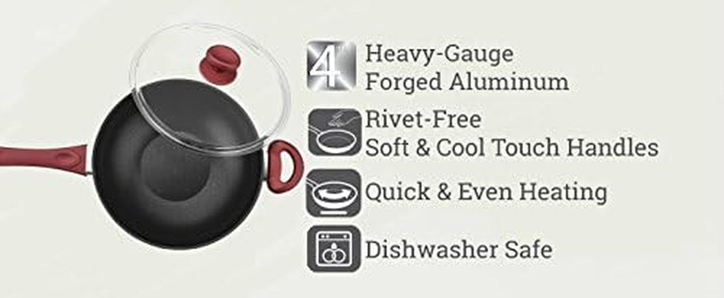 Titanium Nonstick 11 Inch Wok and Stir Fry Pan with Glass Lid Forged Aluminum with PFOA Free Scratch Resistant (Red)
