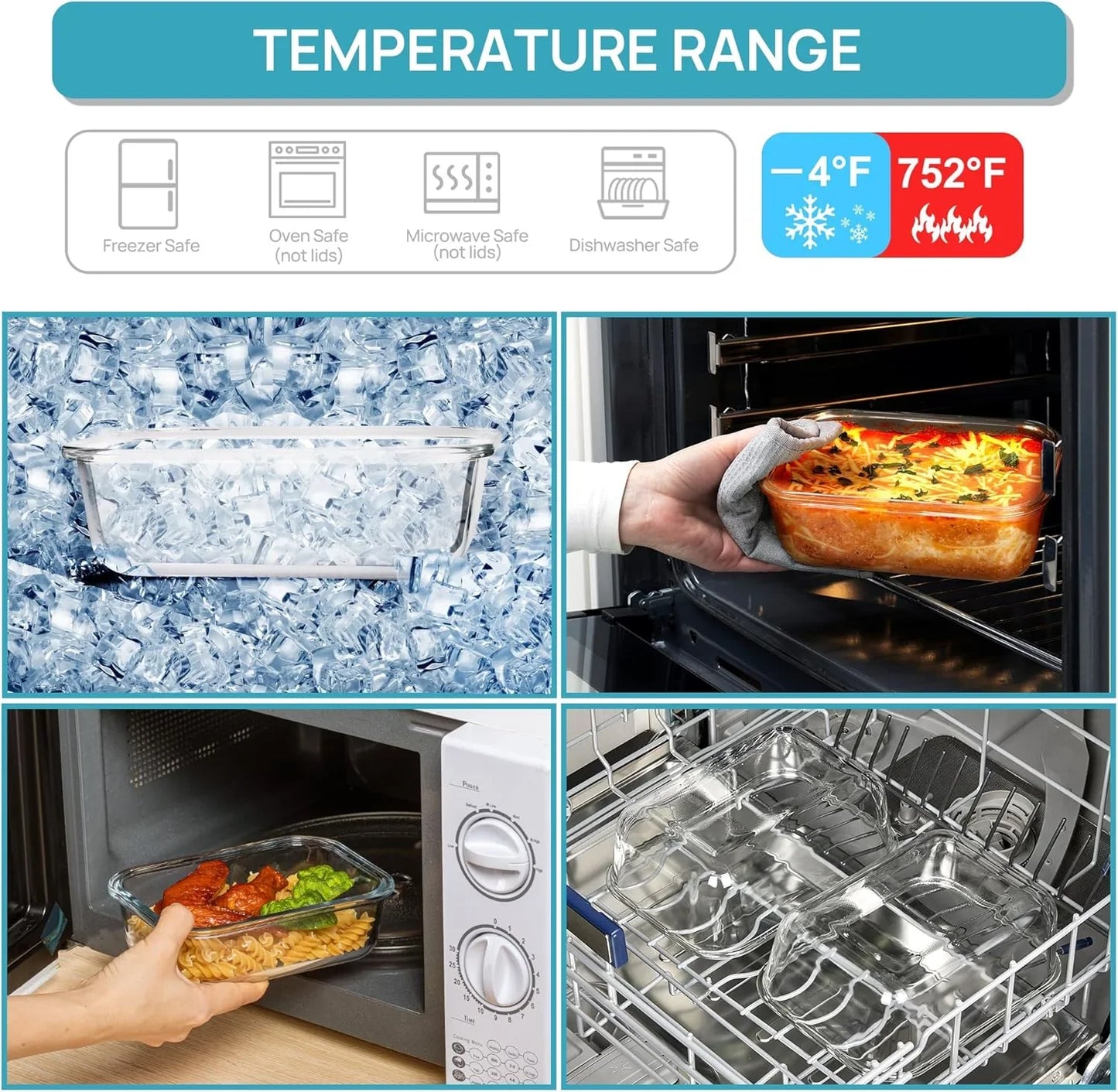 2Pack 1860Ml/63Oz Large Glass Storage Containers with Lids, Meal Prep Food Container Set with Snap Airtight Lid for Baking, Microwave, Oven, Leak Proof, for Freezer, Dishwasher, Grey
