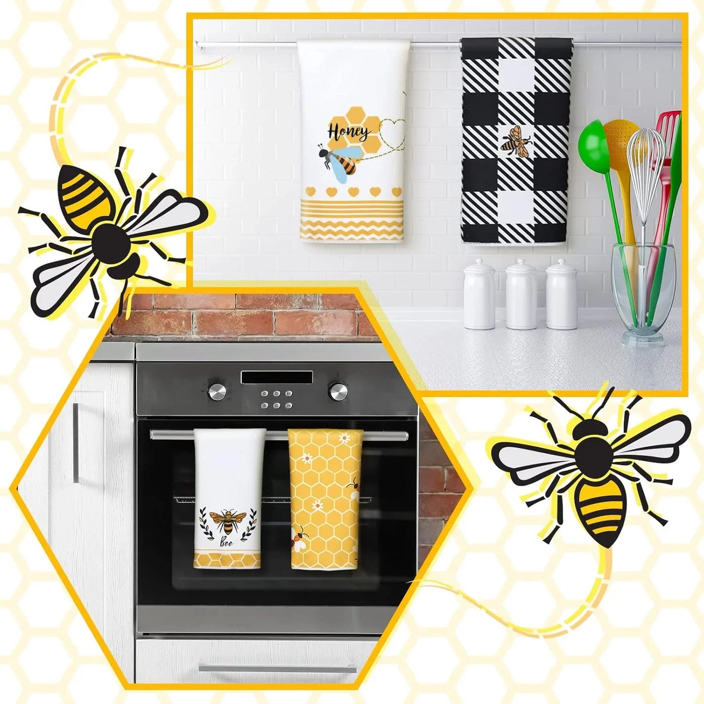 4 Pcs Bee Kitchen Tea Towel Honey Bee Dish Towels Honeycomb Bath Washcloth Hand Polyester Absorbent Cloths Accessories for Kitchen Decor, 16 X 24 Inch(Black Yellow,Honeycomb)