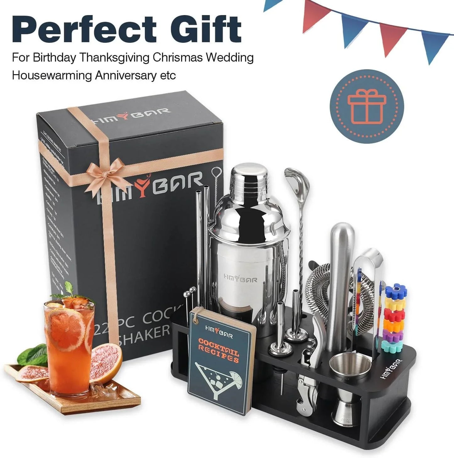 ® 22-Pc Cocktail Shaker Set(24Oz/700Ml) | Mixology Bartender Kit | Bar Tool Set | Martini Making Set with 39-Recipe Cocktail Cards & Kit'S Deco, Bamboo Stand Black Color, Silver Tools