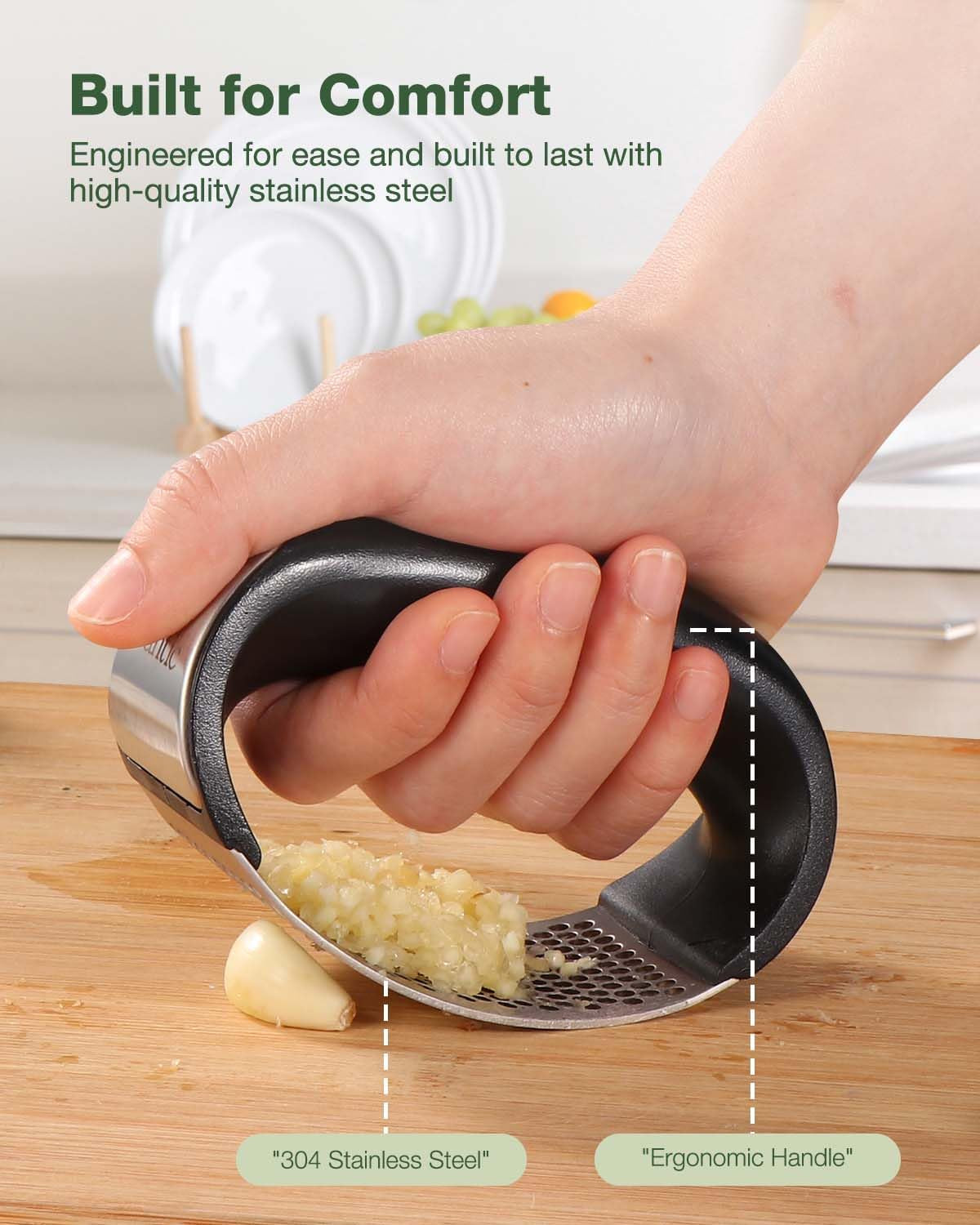 Garlic Press Rocker - Stainless Steel Garlic Crusher, Mincer and Chopper with Peeler & Scraper, Easy Kitchen Gadget for Effortless Smashing