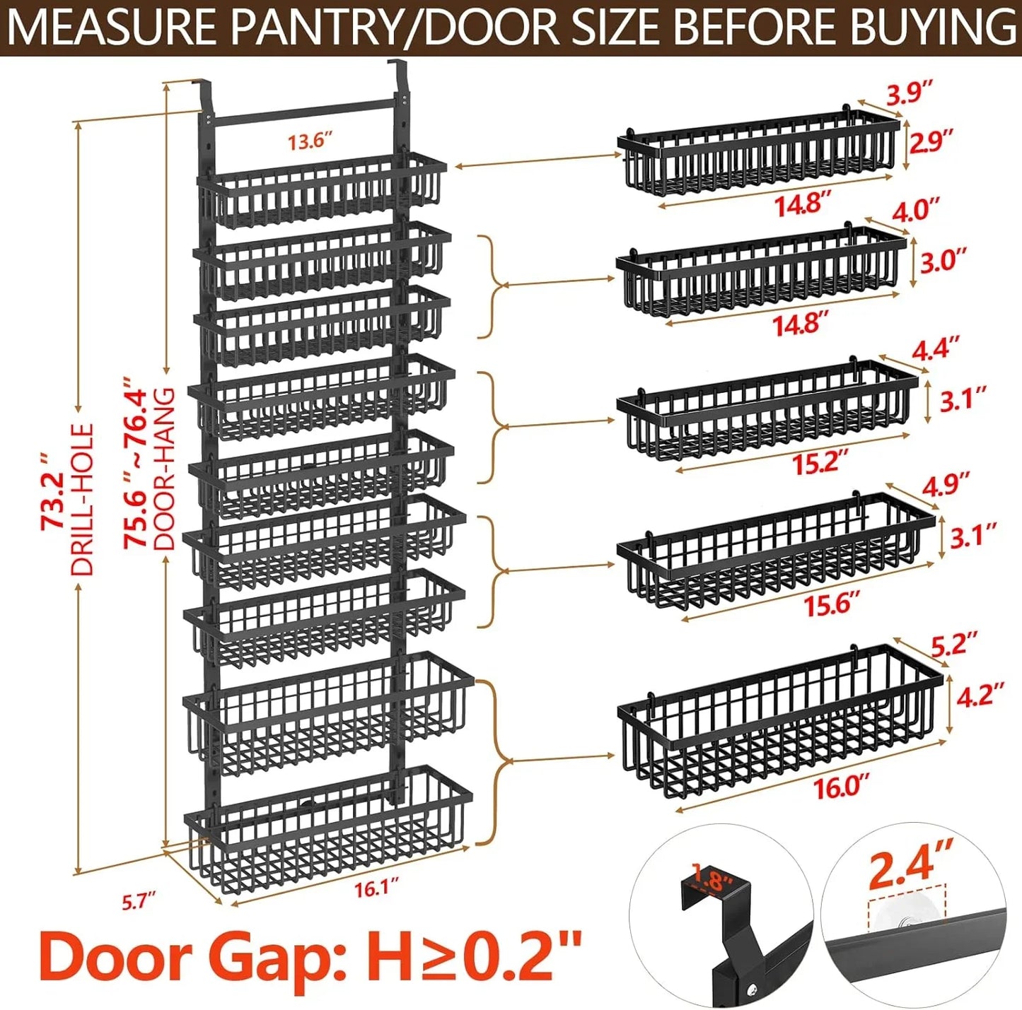 9 Tier over the Door Pantry Organizer, 2 in 1 Wall Mount or Hanging Spice Rack with Adjustable Basket, Seasoning Organizer and Storage for Kitchen Cabinet Closet Bathroom