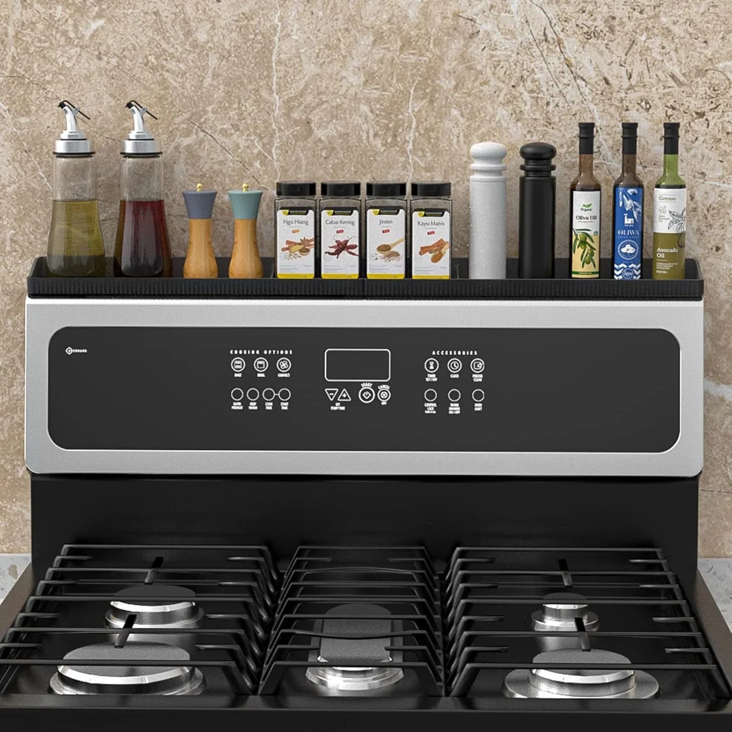 Magnetic Stove Top Shelf 30 Inch - Heat Resistant Silicone over the Stove Shelf Spice Rack Organizer - 3 Functional Partitions Kitchen Organization and Storage for Spices, Oils & Gadgets (Black)