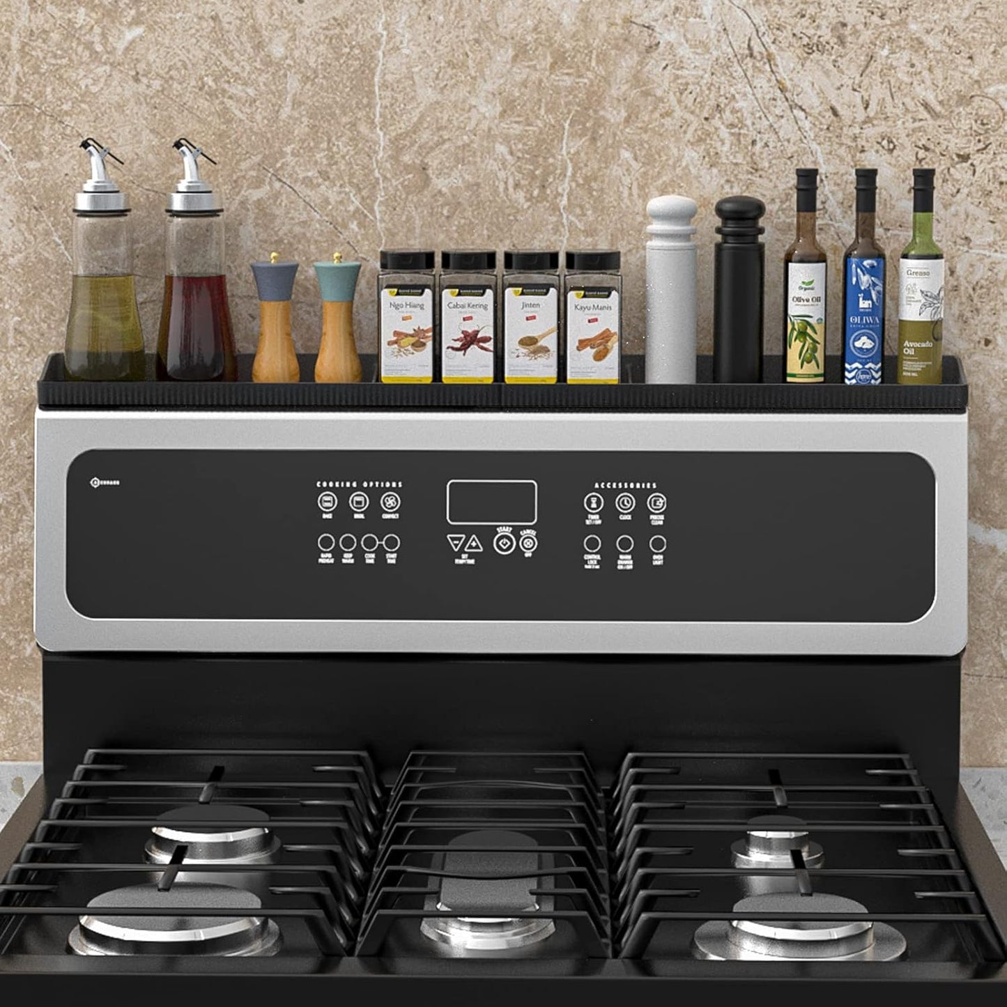 Magnetic Stove Top Shelf 30 Inch - Heat Resistant Silicone over the Stove Shelf Spice Rack Organizer - 3 Functional Partitions Kitchen Organization and Storage for Spices, Oils & Gadgets (Black)