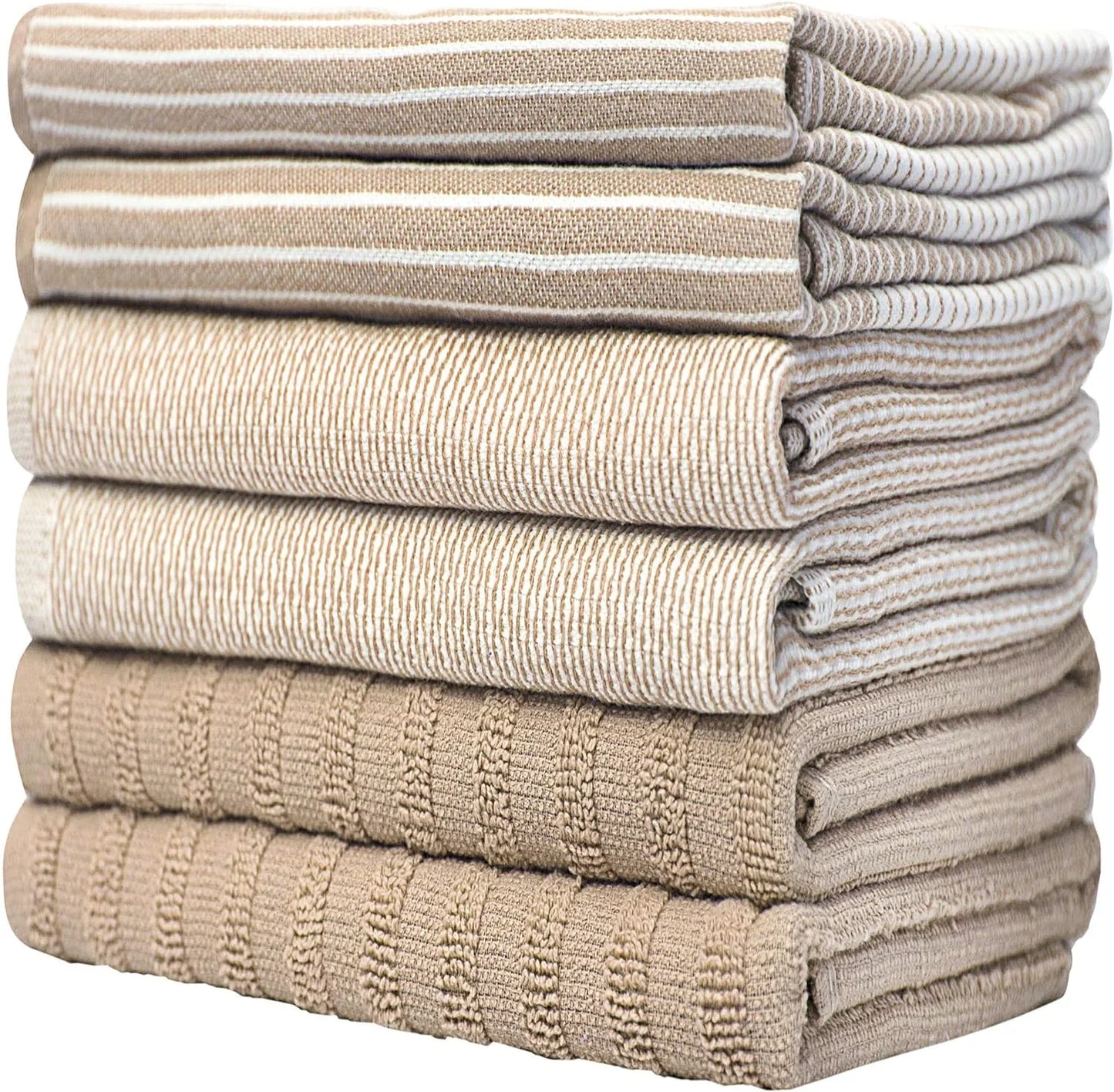 Premium Kitchen Towels (20”X 28”, 6 Pack) | Large Cotton Dish Towels | Flat & Terry Highly Absorbent Kitchen Linen Set with Hanging Loop | Tan