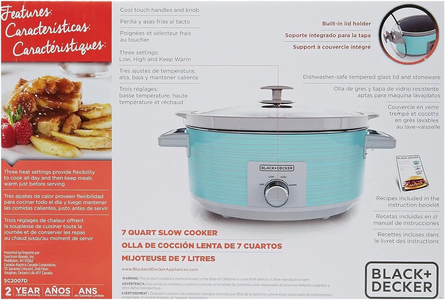 7-Quart Slow Cooker, SC2007D, Lid Holder, 3 Heat Settings, Extra Large Handles, Dishwasher Safe, Teal