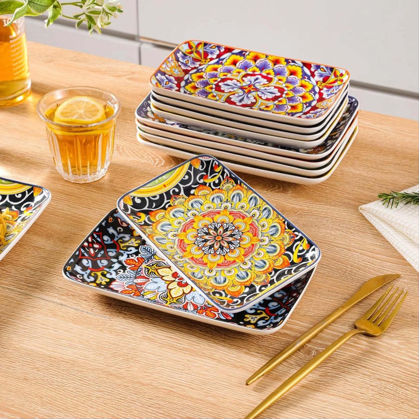 6-Piece Ceramic Salad Plates Set - 8 Inch, Rectangular Dessert Plates for Sushi, Appetizer, Cake - Microwave & Oven Safe, Porcelain Plates for Kitchen Decor