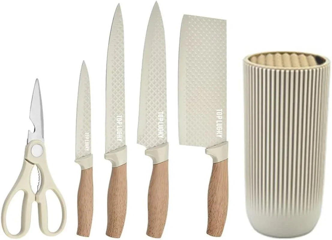 Knife Set, 6-Piece Khaki Kitchen Knife Set for Home, Anti-Rust Non-Stick Stainless Steel Sharp Chef Knife Sets with Universal Knife Block for Kitchen, Ergonomical Design (Khaki)