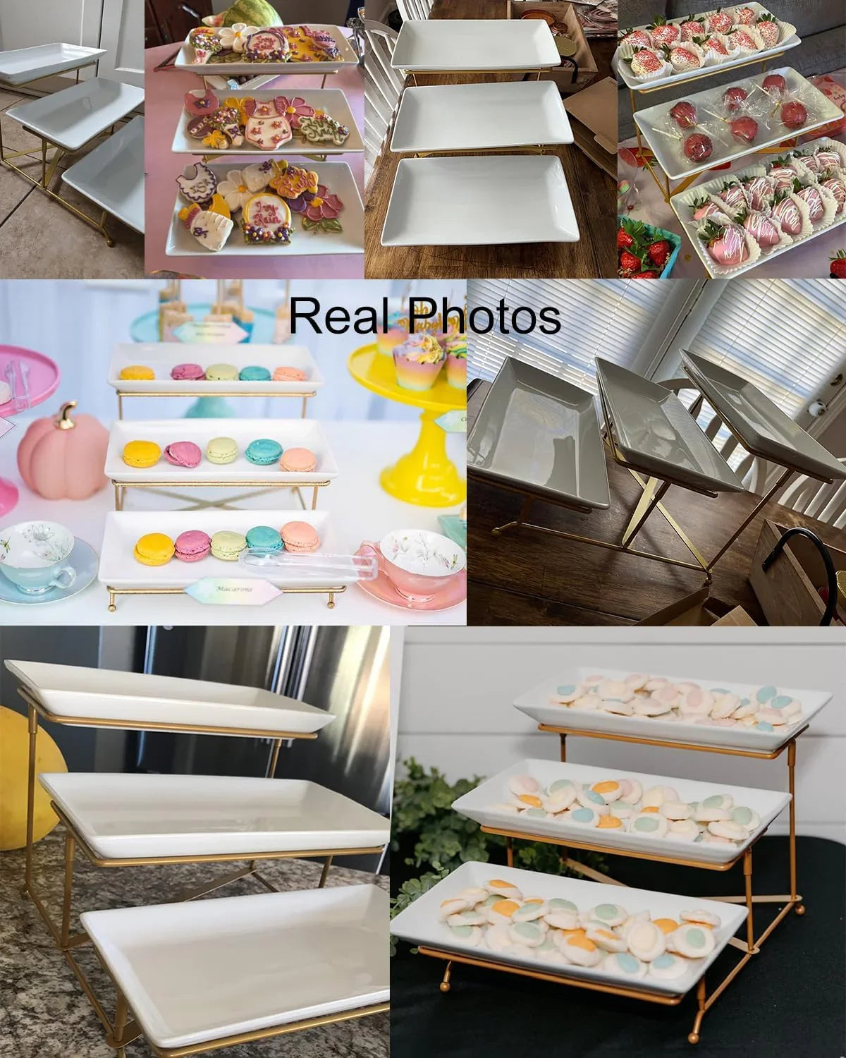 3 Tier Serving Tray, Porcelain Serving Platter Tier Serving Stand with Collapsible Sturdier Rack, Serving Trays and Platters Dessert Party Display Set for Mother'S Day, Gold, 12 Inch