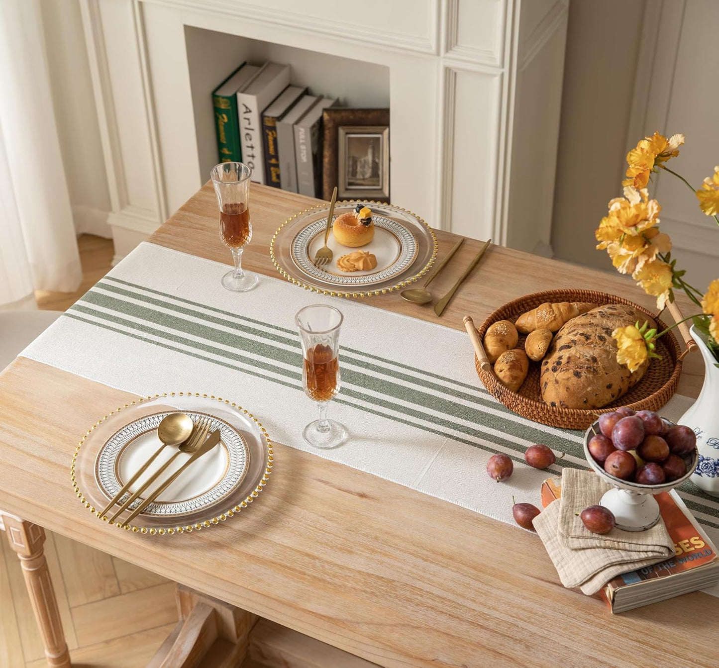 Boho Table Runner for Modern Farmhouse Decor, Dining Table Décor 13 X 72 Inch Long with Handcrafted Tassels, Green and Beige Stripe Table Runner for Home Boho Décor