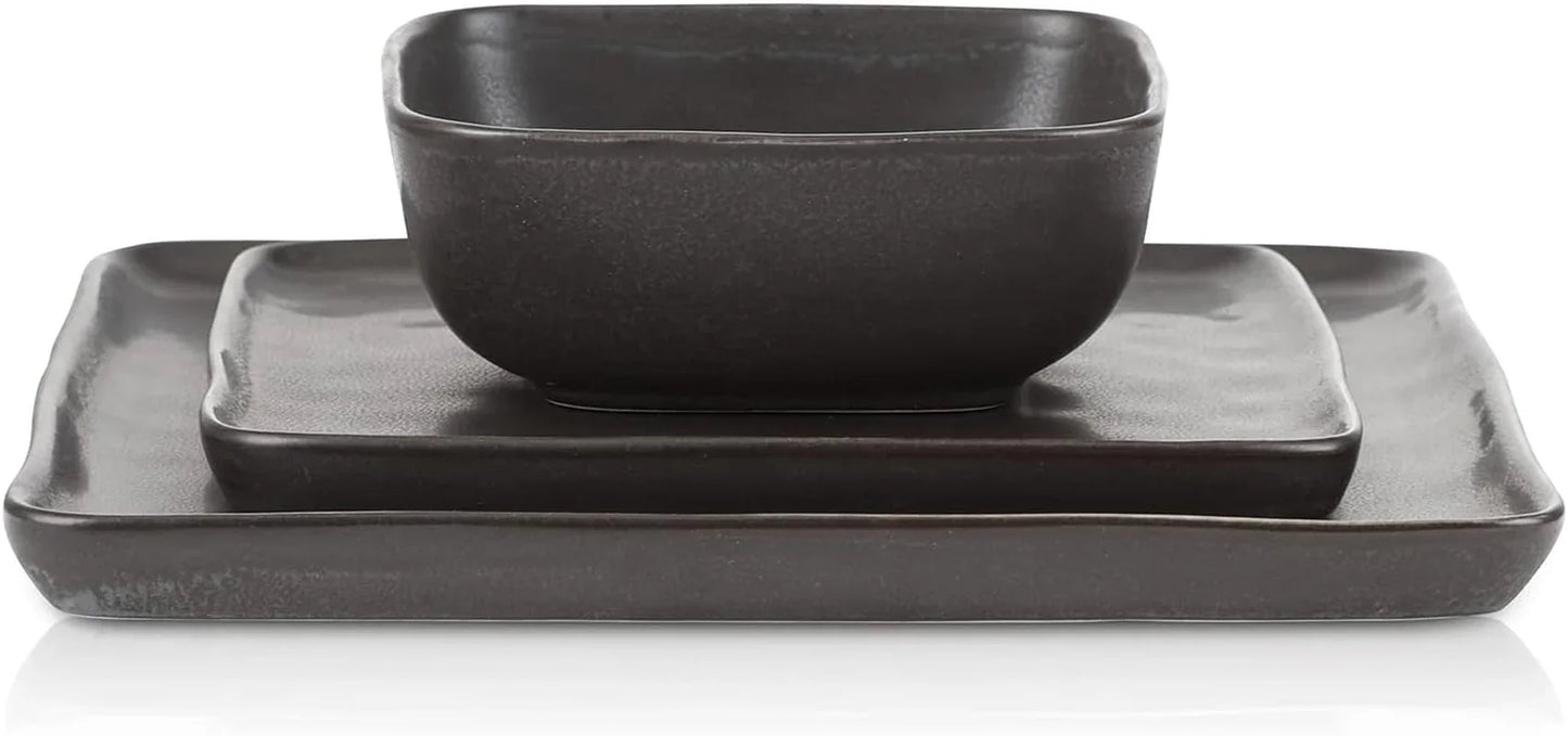 Jonny Stoneware 12 Piece Dinnerware Set, Home Kitchen Modern Square Dish Set with Dinner Plates, Salad Plates, & Bowls, Brown