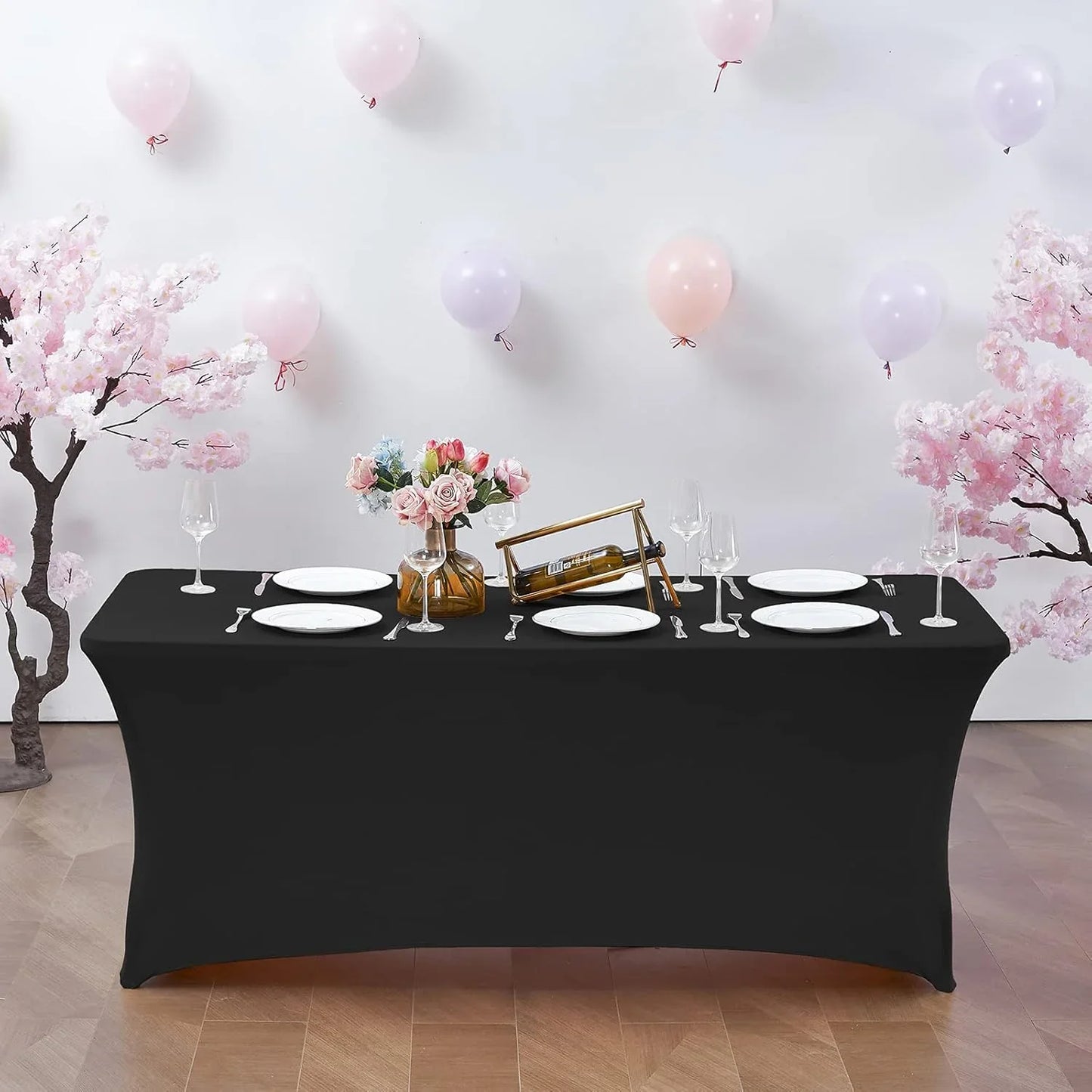 6FT Waterproof Stretch Spandex Table Cover for Rectangular Tables - Elastic Fitted Tablecloth for Folding Tables,Wrinkle Resistant Table Cloth for Parties, Weddings, Banquets & Events (Black)