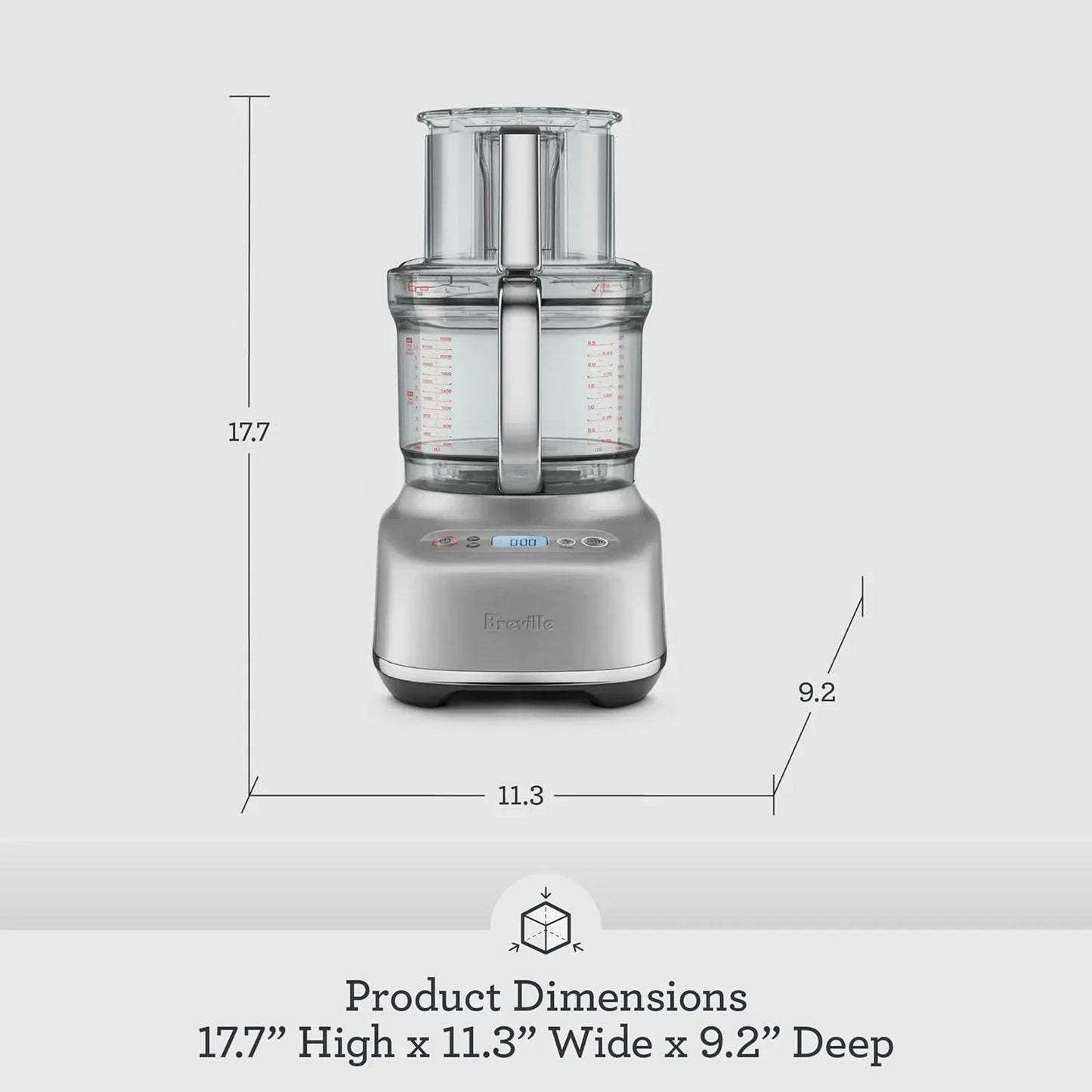 Breville food processor with dimensions: 17.7" H x 11.3" W x 9.2" D, stainless steel base, clear bowl