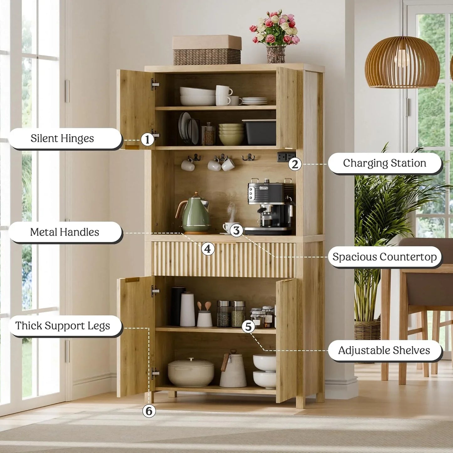 71" Fluted Pantry Cabinet with Charging Station & Adjustable Shelves, Spacious Kitchen Storage Cabinet with Open Countertop & Drawer for Dining Room, Living Room, Natrual