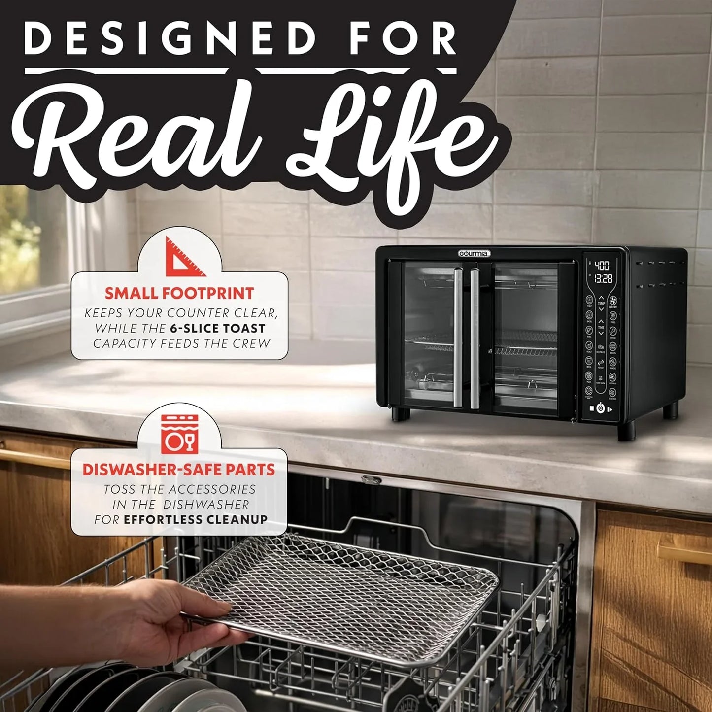French Door Air Fryer – 25 Qt Large Capacity Convection Oven, Fryforce 360°, Digital Display with 17 Cooking Presets, Bake, Toast, Roast, Dehydrate, Fits 12” Pizza