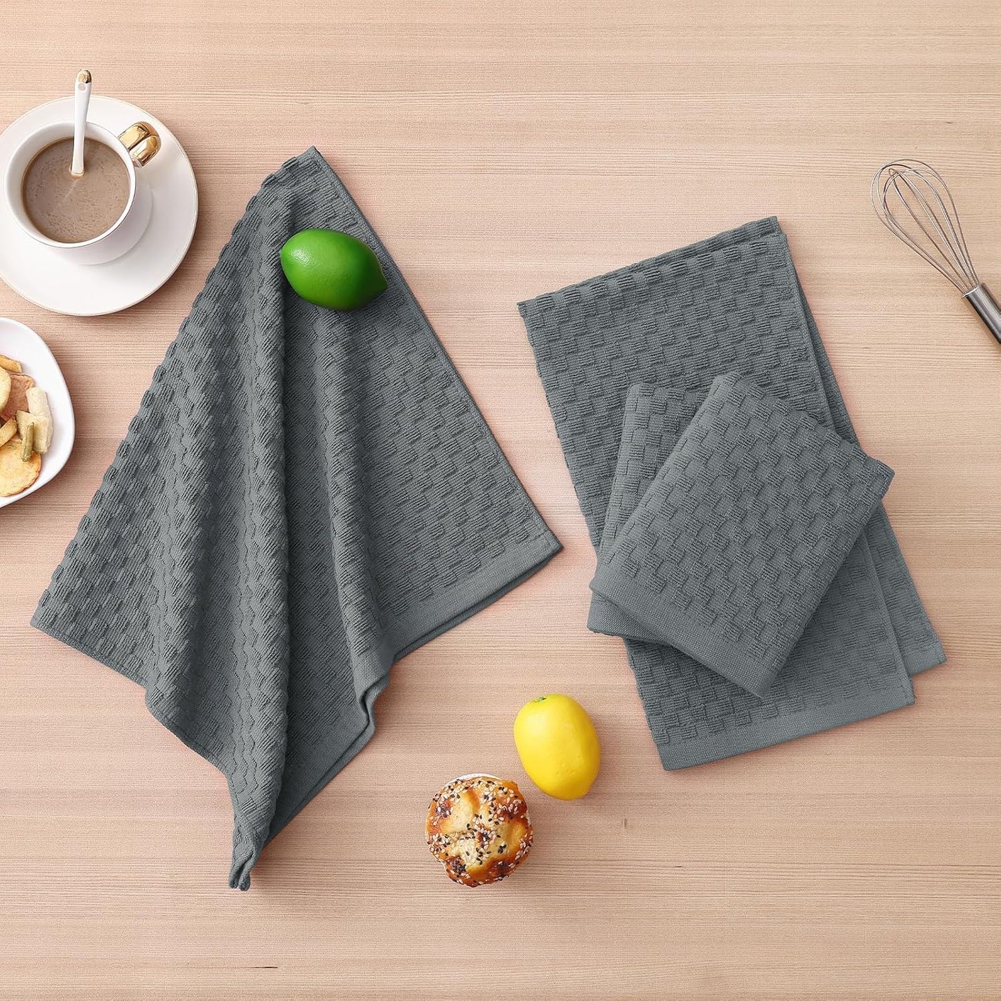 100% Cotton Kitchen Towels and Dishcloths Set, 12 X 12 & 15 X 25 Inches, Set of 8 Bulk Terry Cloth Dish Towels, Super Soft and Absorbent Hand Towel with Hanging Loop, Dark Grey