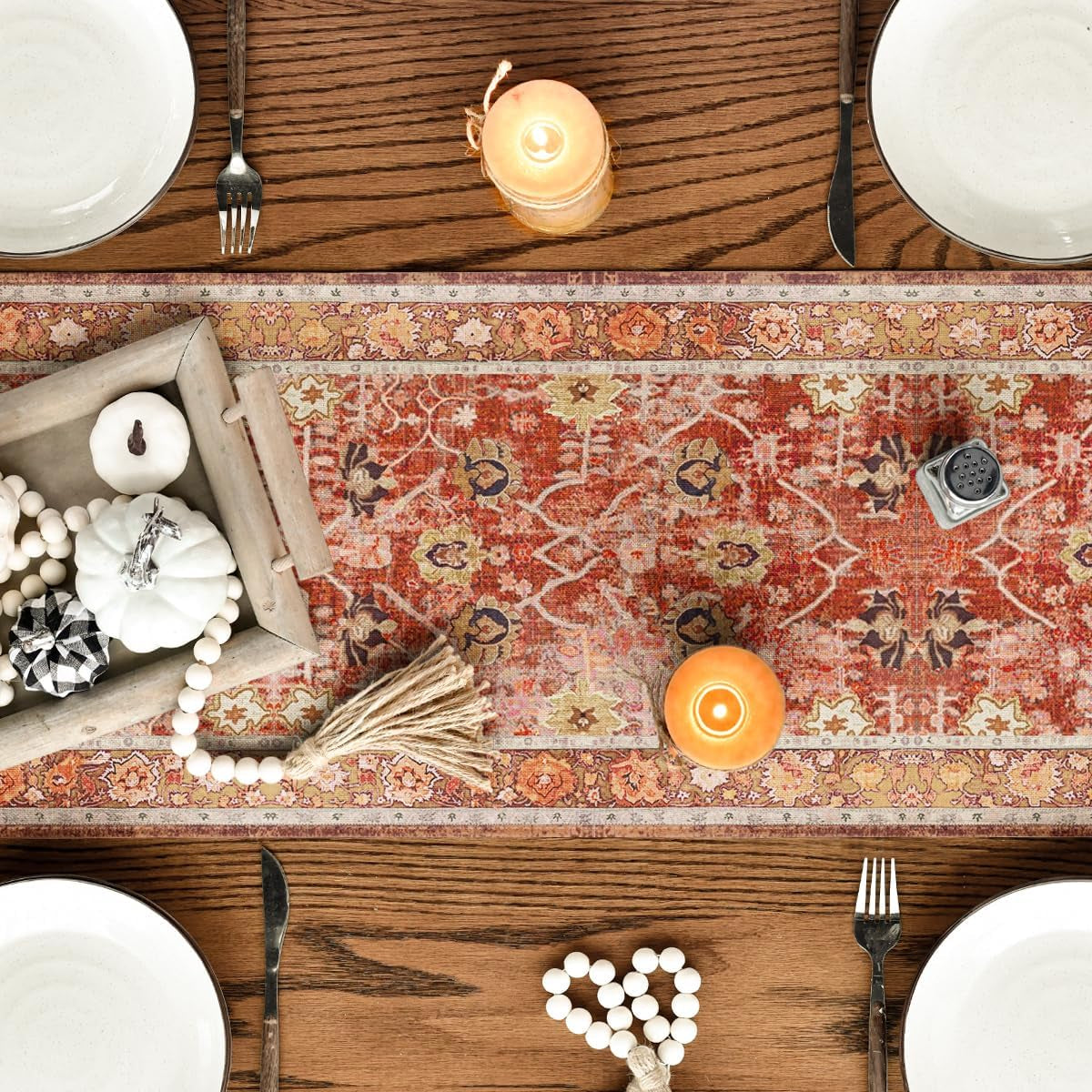 Boho Bohemia Style Red Orange Fall Table Runner, Country Rustic Farmhouse Magical Kitchen Dining Table Decoration for Home Party Decor 13X72 Inch