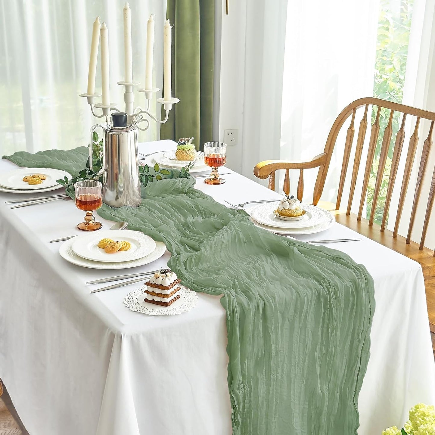 2 Pcs Cheesecloth Table Runner - 10Ft Sage Green Easter Decor Boho Gauze Cheese Cloth Table Runners for Baby Shower Decorations Wedding Party Spring Garden Farmhouse