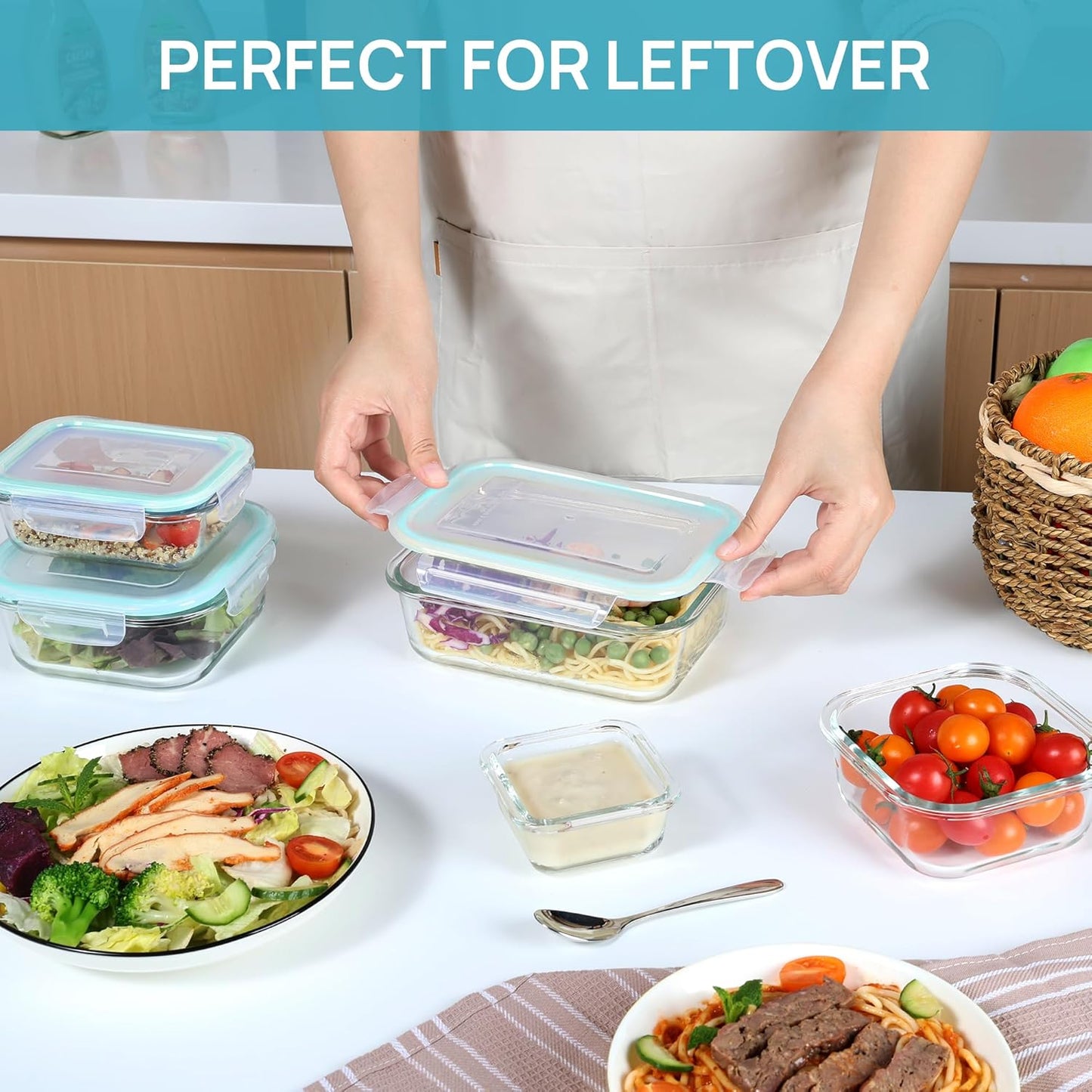 8 Pack Glass Food Storage Containers with Airtight Lids, Glass Meal Prep Containers, Lunch Office Meal for Microwave, Oven, Freezer and Dishwasher, BPA Free