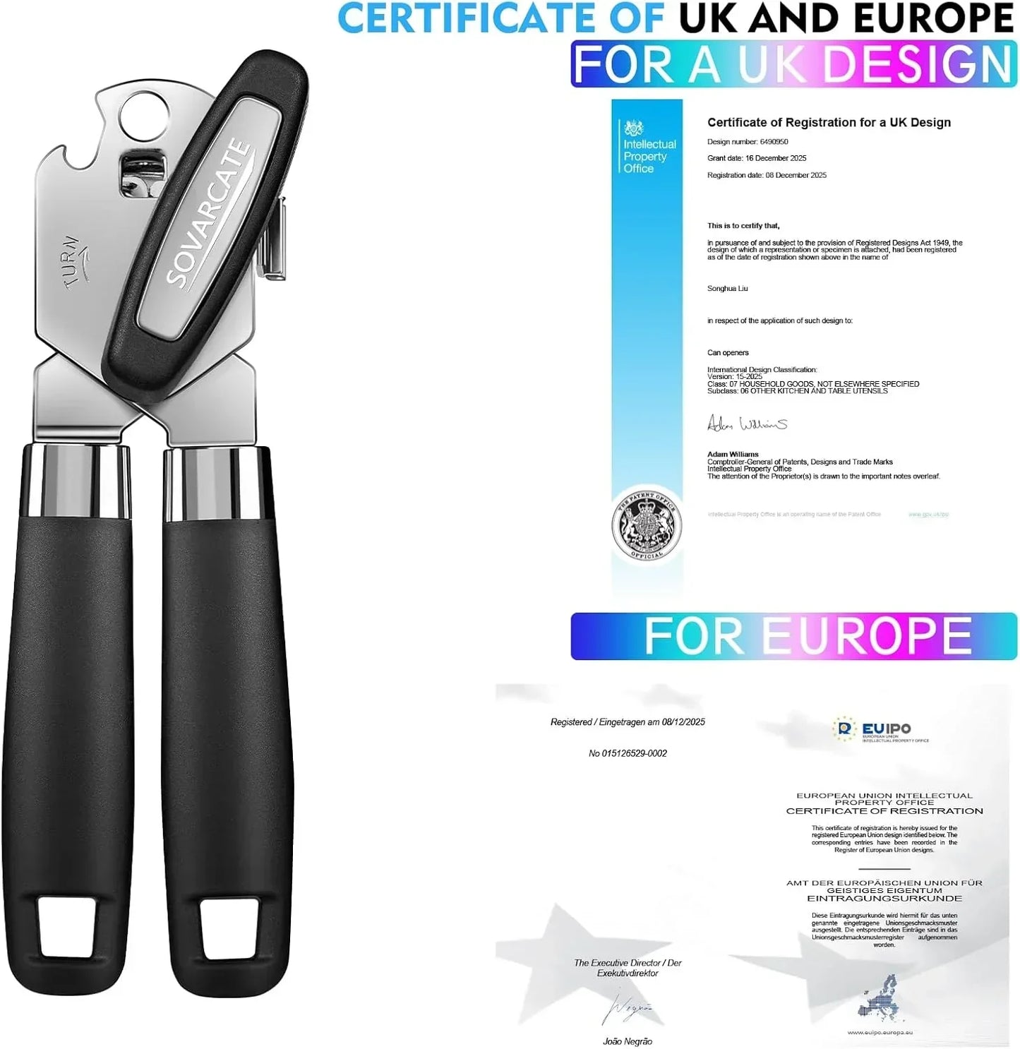 SOVARCATE can opener with UK & EU design certification, ergonomic black handles, stainless steel body