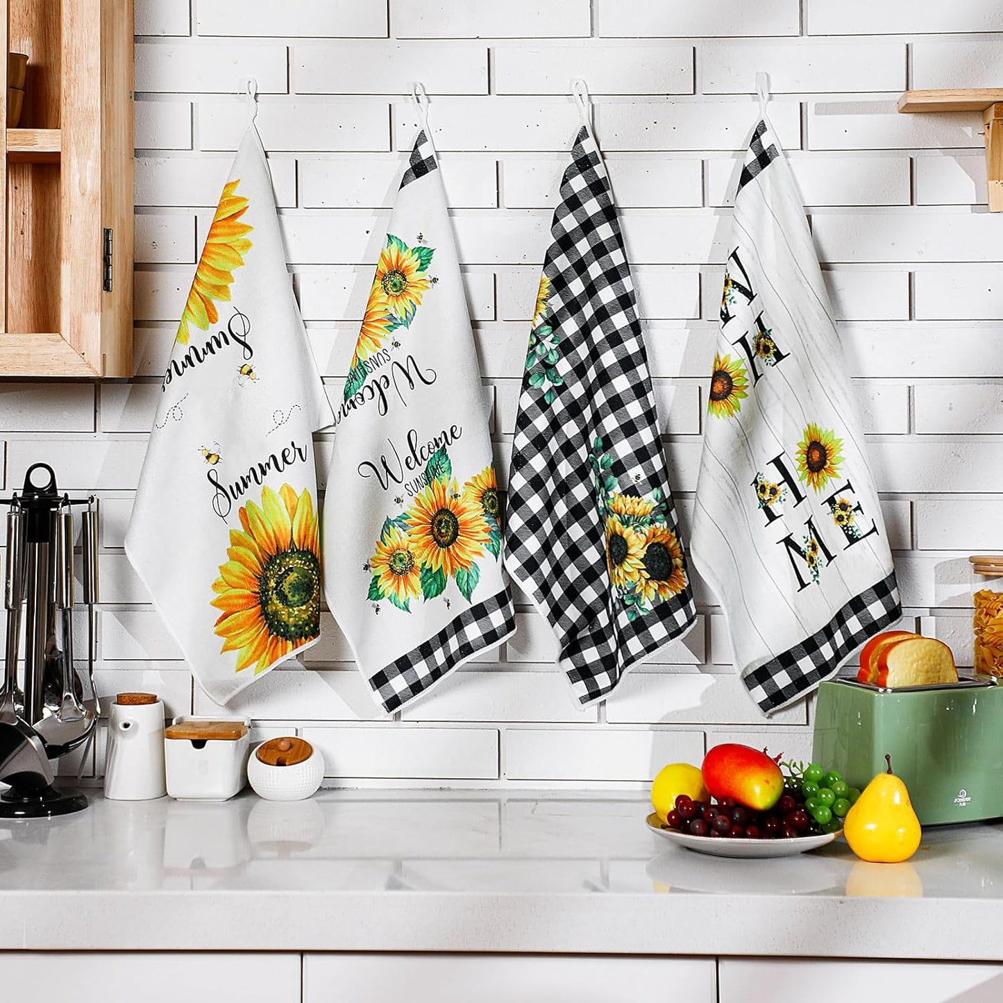 4 Pcs Sunflower Kitchen Towels Spring Summer Gifts Sunflower Floral Hand Dish Towels Absorbent Sunshine Yellow Grid Fast Drying Decor Housewarming Gift for Cooking Bathroom Kitchen Decor