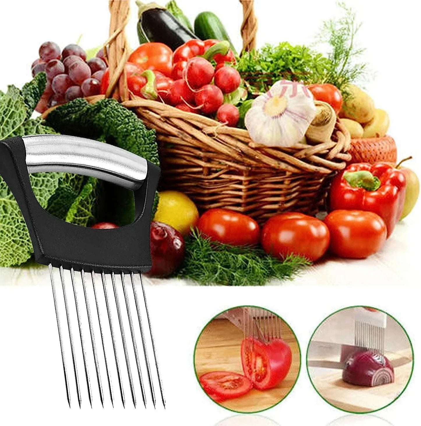 Stainless steel vegetable chopper with black handle, slicing tomatoes and onions, ideal for kitchen prep and meal prep