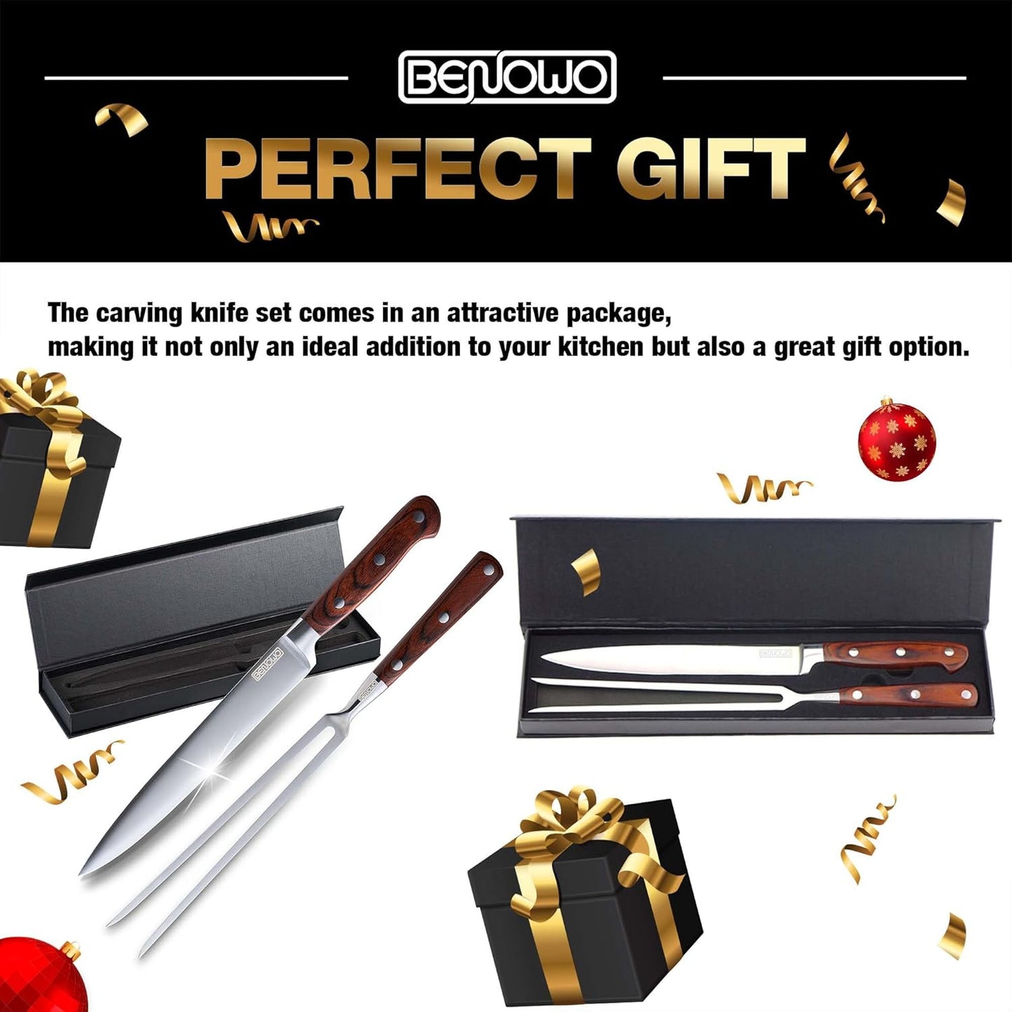Carving Knife Set 2-Piece, 8-Inch Turkey Carving Knife and Fork Set Stainless Steel Kitchen Knife for Steak, Hibachi Knife and Fork, BBQ Carving Fork with Gift Box – Designed in USA