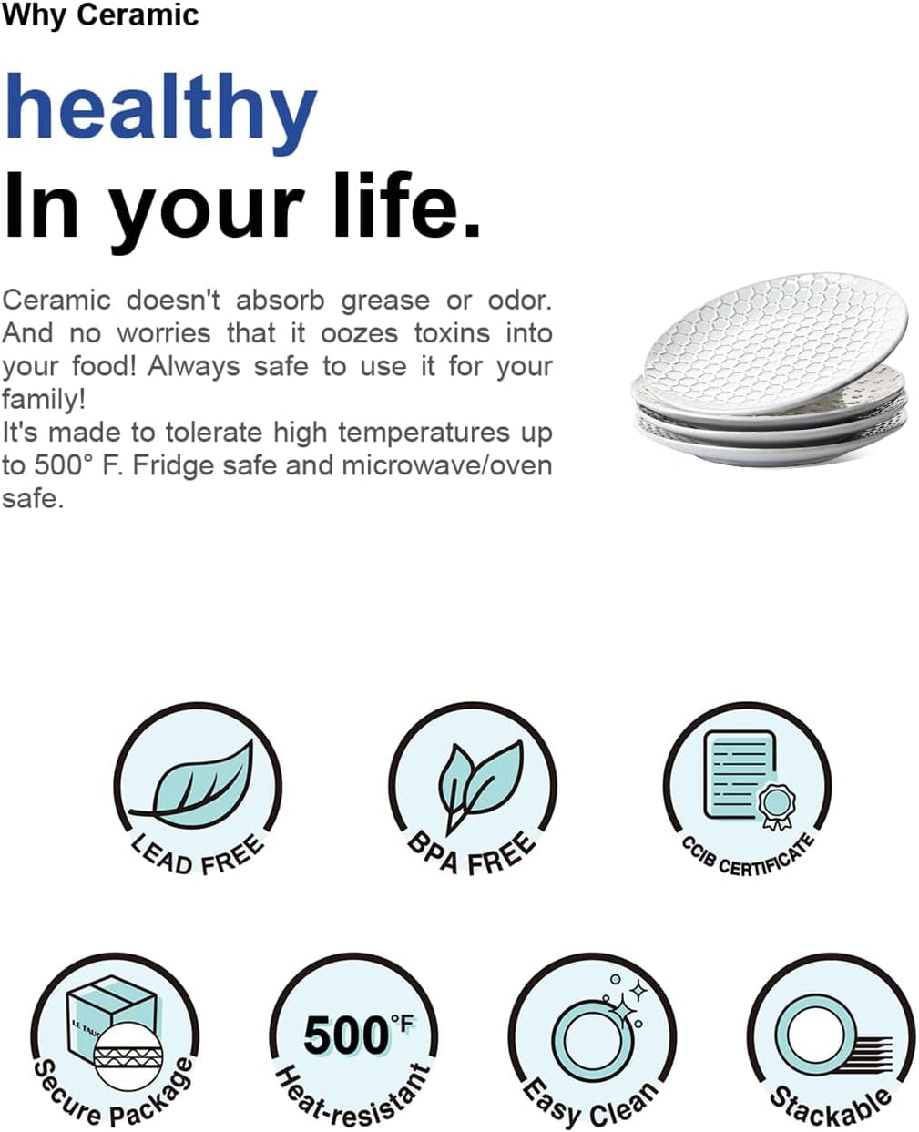 8 Inch Ceramic Salad Plates Set of 4, Modern Embossed Appetizer Plates for Kitchen, Small Dessert Plates, Microwave & Dishwasher Safe Dinnerware Sets - Arctic White