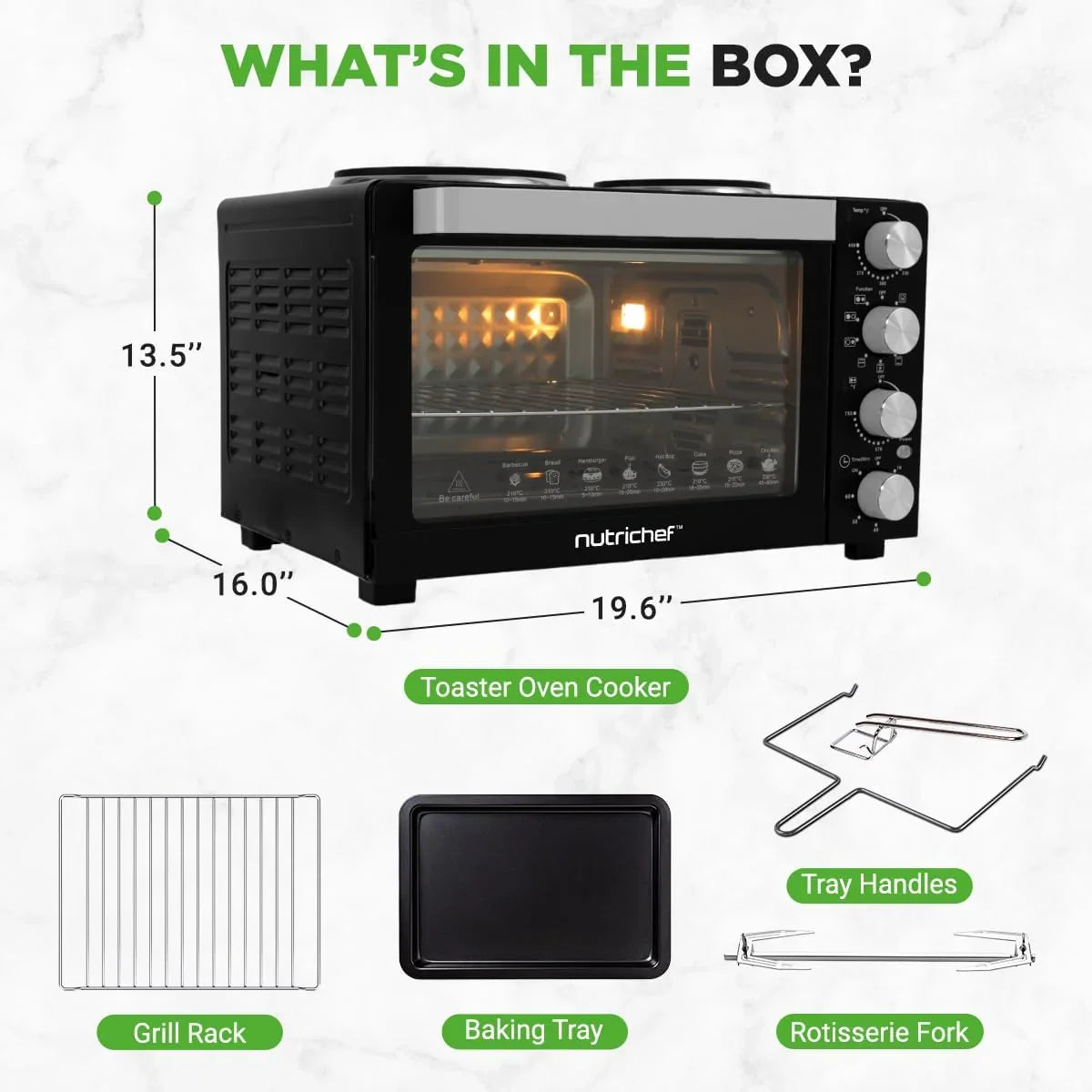 2-In-1 Convection Oven & Cooker - 30 Quart, 1500W Multi-Function Kitchen Oven with Dual Hot Plates, 7 Cooking Modes Including Rotisserie, Broil, Bake - 19.6 X 16.0 X 13.5 Inches