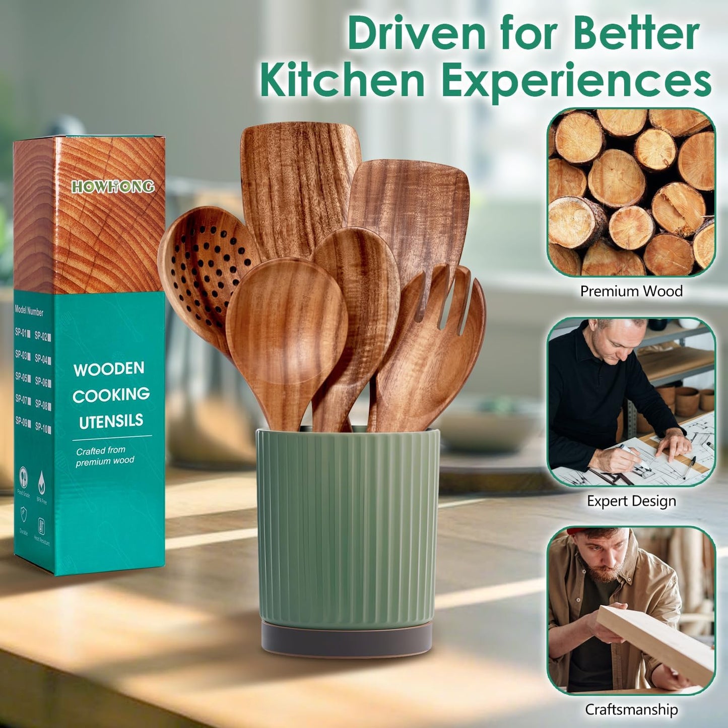 Wooden Spoons for Cooking, Teak Wood Kitchen Utensil Set, Premium Handmade Wooden Utensils for Nonstick Cookware, Heat Resistant, Smooth Finish, Comfortable Grip, 6 Piece