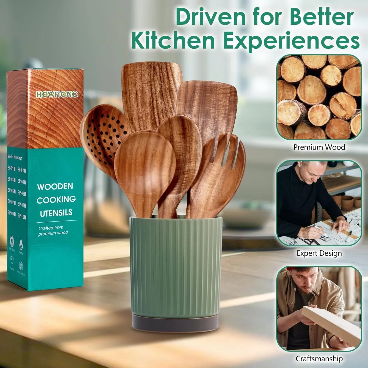 Wooden Spoons for Cooking, Teak Wood Kitchen Utensil Set, Premium Handmade Wooden Utensils for Nonstick Cookware, Heat Resistant, Smooth Finish, Comfortable Grip, 6 Piece