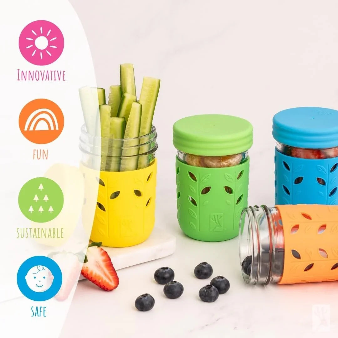 Kids + Toddler Glass Cups | the Original 8Oz Glass Mason Jar with Sleeves + Lids | Silicone Straws + Stopper | Smoothie Cup | Food Storage | Spill Resistant | Dishwasher Safe | 4 Pack