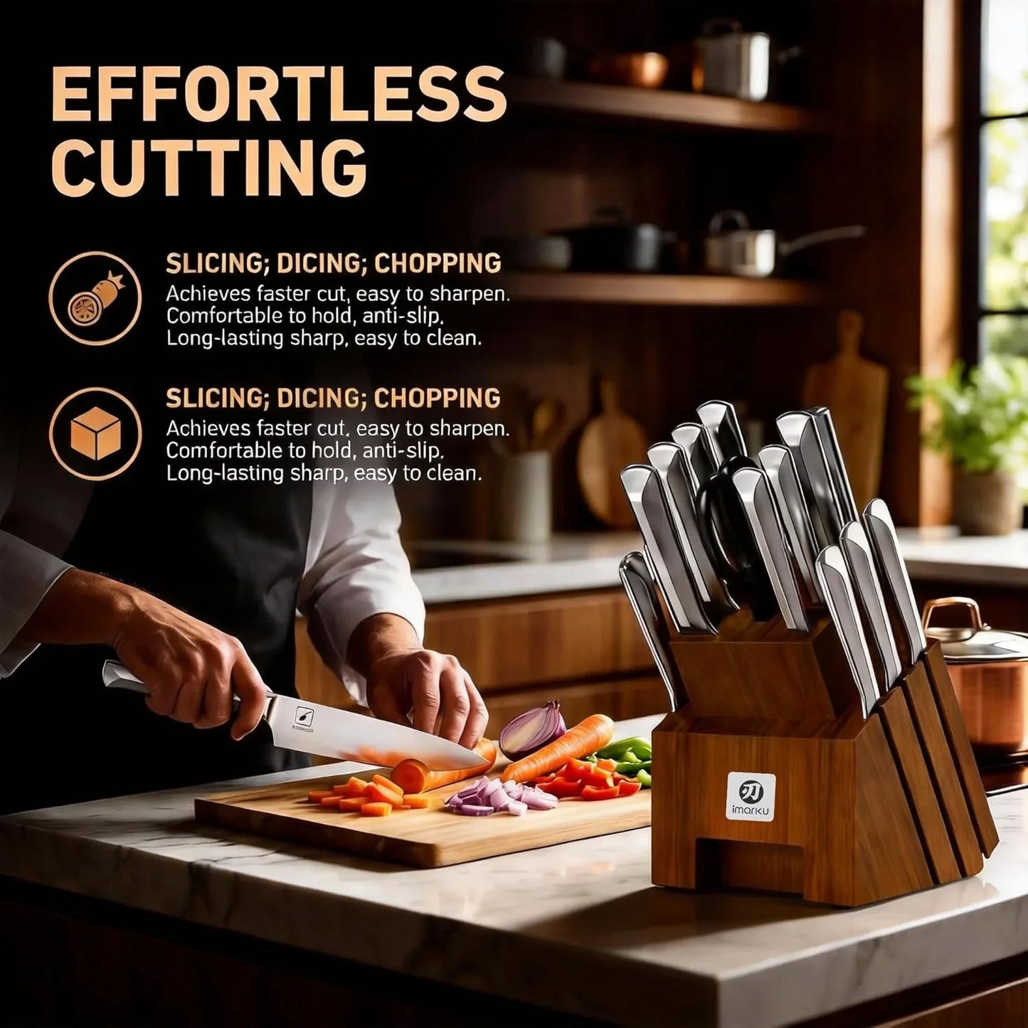 Knife Set, Kitchen Knife Set with Block & Sharpener, 16PCS Japanese High Carbon Stainless Steel Ultra Sharp Knife Block Set, Ergonomic Non-Slip Handle, Dishwasher Safe, Perfect Gifts