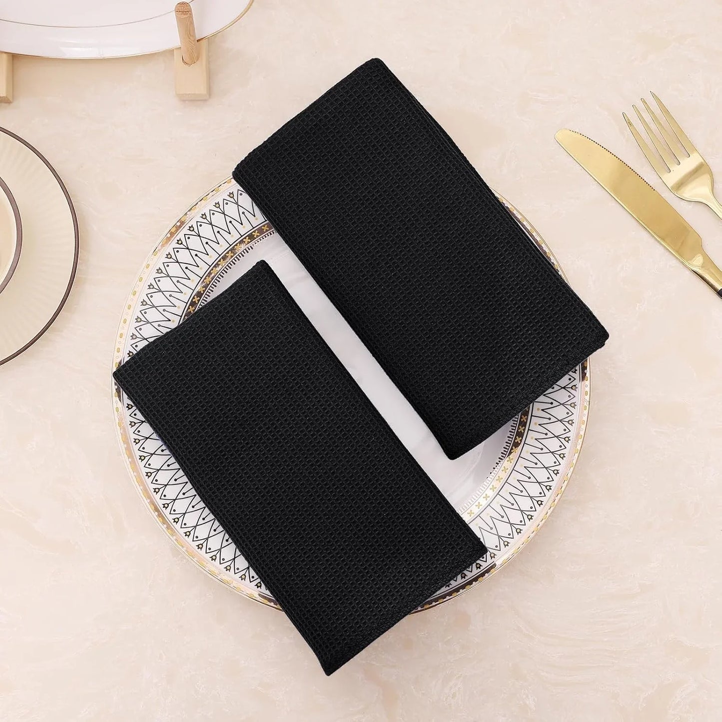 100% Cotton Waffle Weave Kitchen Towels - 4 Pack Soft and Absorbent Dish Towels - 16 X 26 Inches Quick Dry Hand Towels - Black