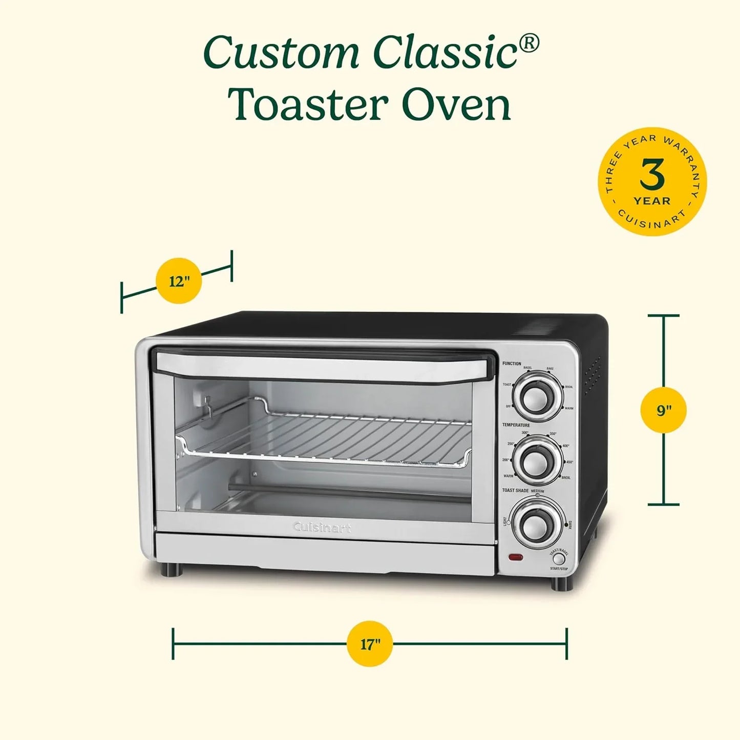 Custom Classic Toaster Oven Broiler, 1800 Watt Countertop Toaster Oven to Bake, Broil, and Toast, Non-Stick Interior, Consistent Toast Control, Brushed Stainless Steel/Black, TOB-40N