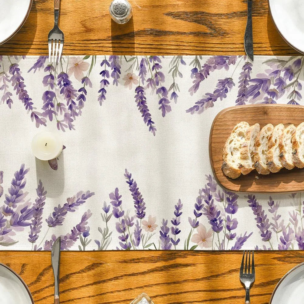 Purple Lavender Floral Butterflies Spring Table Runner, Seasonal Summer Kitchen Dining Table Decoration for Home Party Decor 13X72 Inch