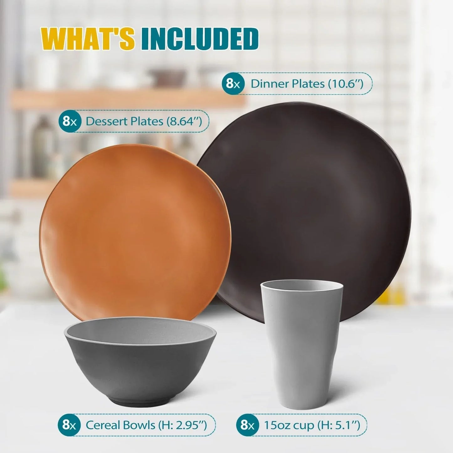 32-Piece Kitchen Plastic Wheat Straw Dinnerware Set, Service for 8, Dinner Plates, Dessert Plate, Cereal Bowls, Cups, Unbreakable Plastic Outdoor Camping Dishes, Smoky Brown